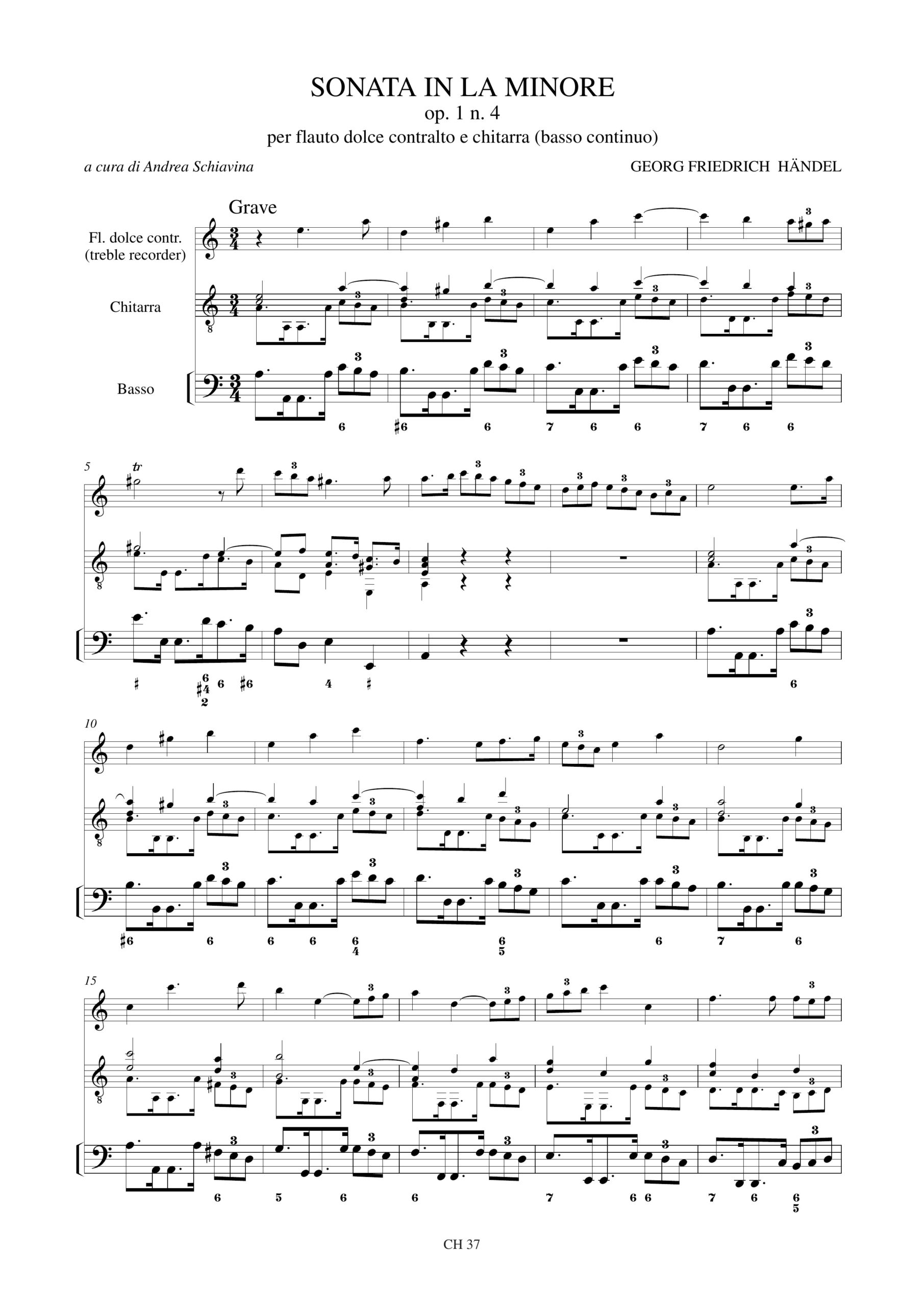 Händel, Georg Friedrich: Sonata in La minore Op. 1 N. 4 per Flauto Dolce Contralto (Flauto Traverso, Oboe, Violino) e Chitarra - Image 2
