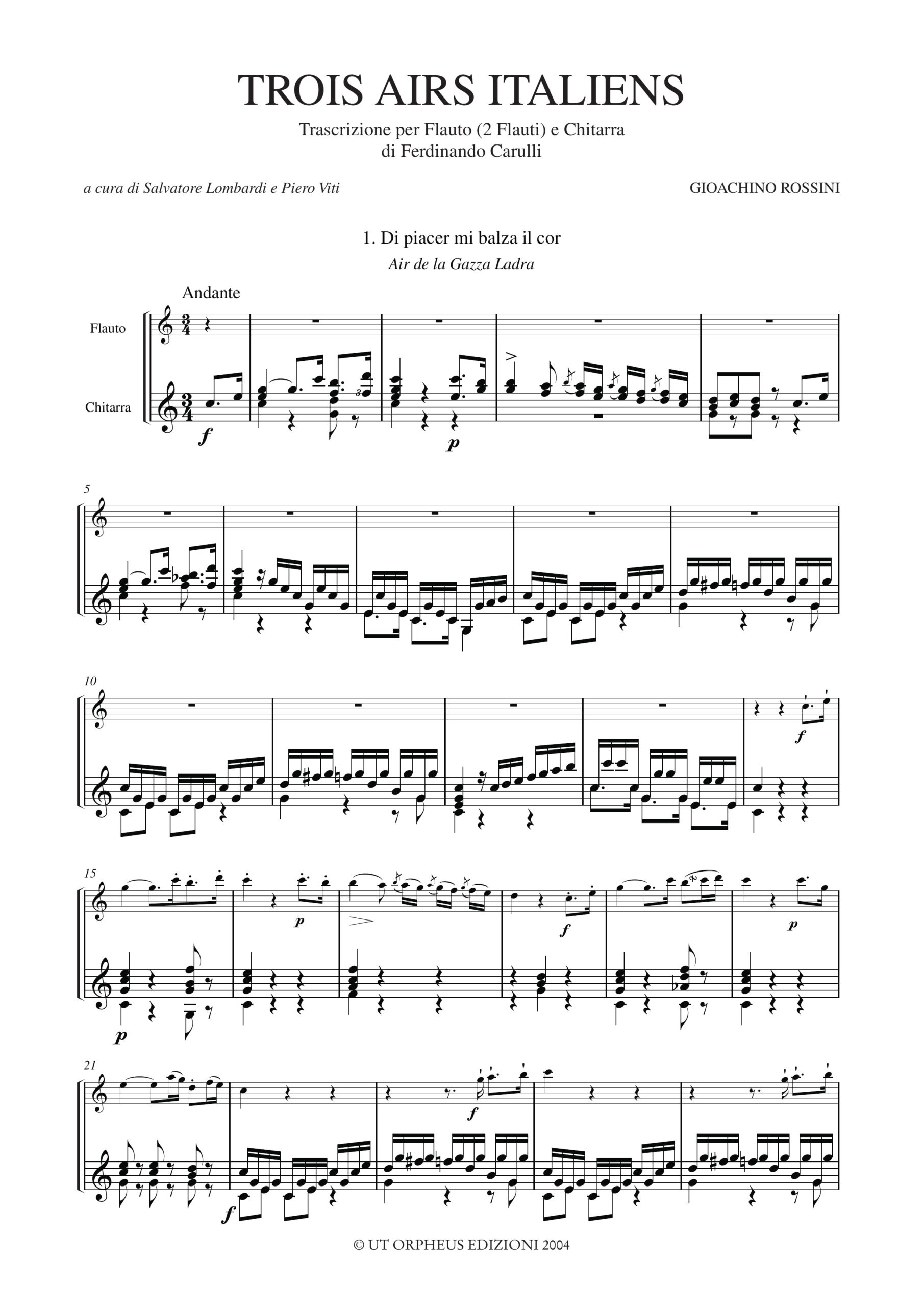 Rossini, Gioachino: Trois Airs Italiens. Trascrizione di Jean-Louis Tulou e Ferdinando Carulli per Flauto (2 Flauti) e Chitarra - Image 2