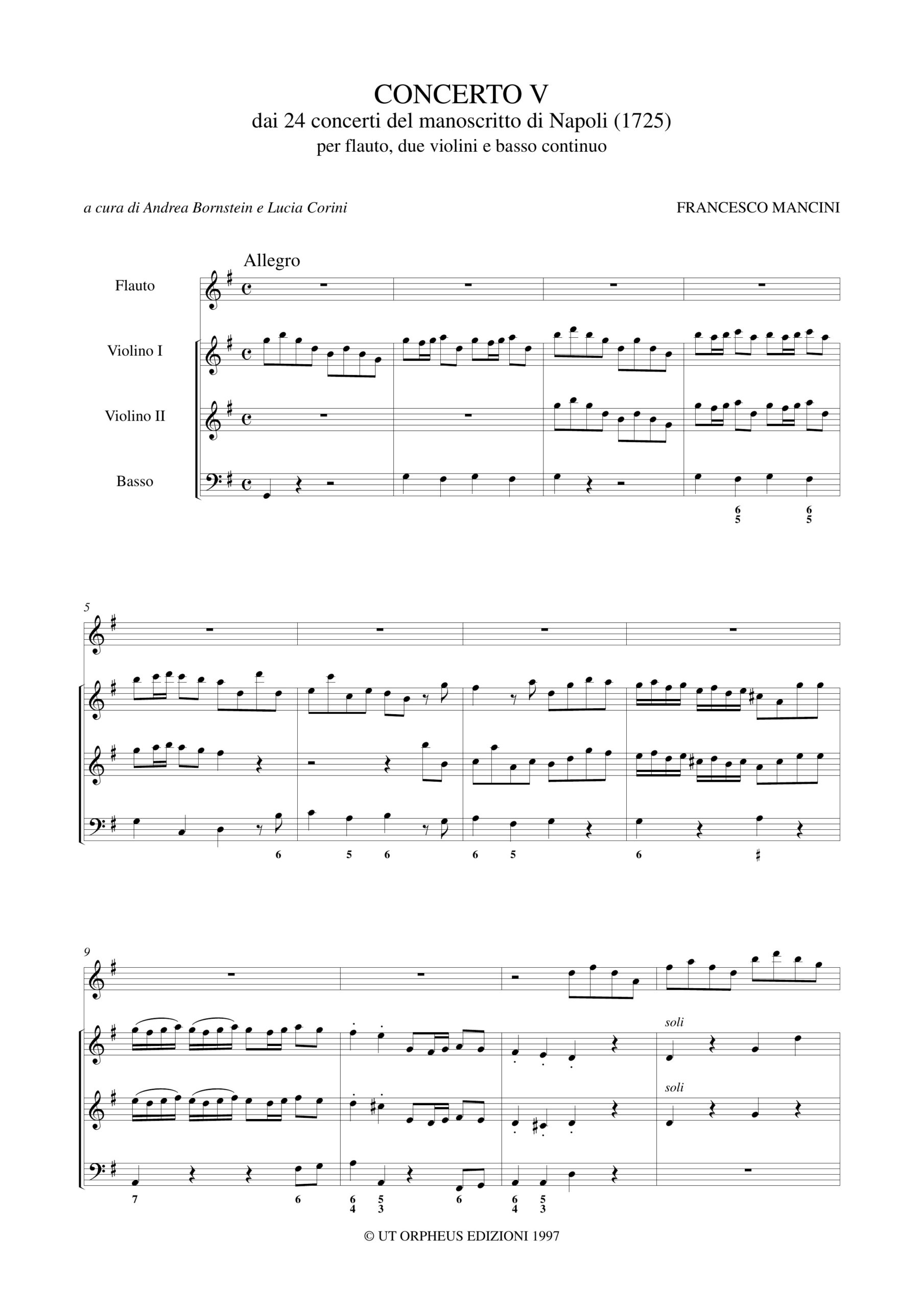 Mancini, Francesco: Concerto V dai 24 Concerti del manoscritto di Napoli (1725) per Flauto, 2 Violini e Basso Continuo - Image 2