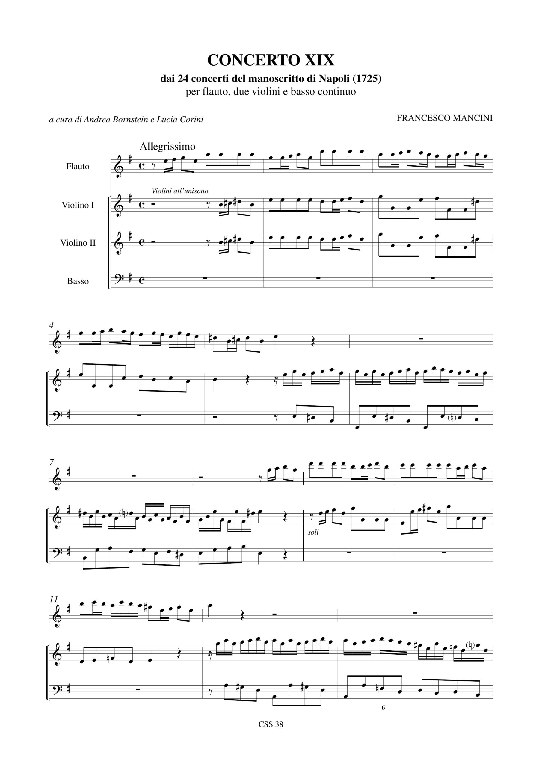Mancini, Francesco: Concerto XIX dai 24 Concerti del manoscritto di Napoli (1725) per Flauto, 2 Violini e Basso Continuo - Image 2