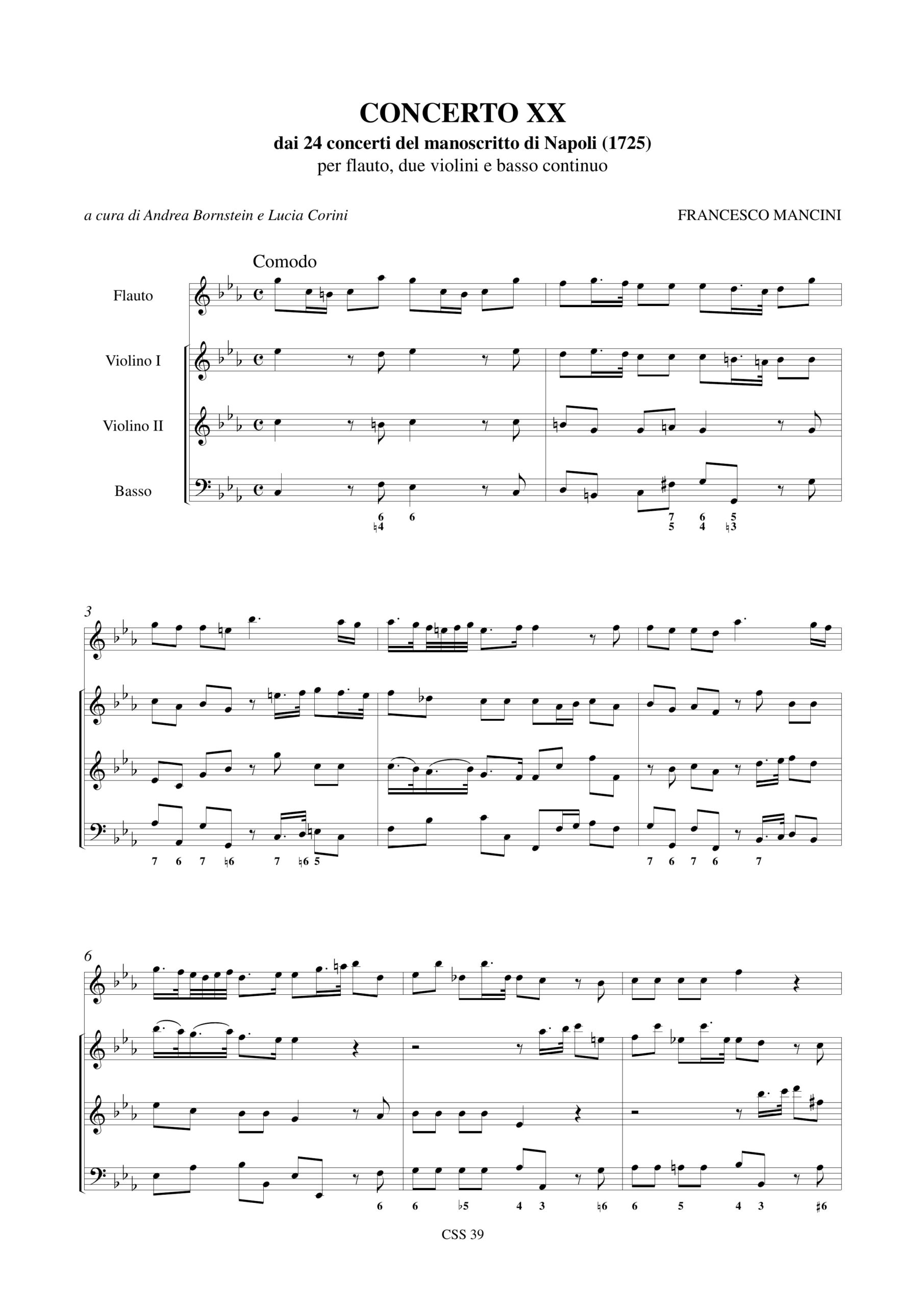 Mancini, Francesco: Concerto XX dai 24 Concerti del manoscritto di Napoli (1725) per Flauto, 2 Violini e Basso Continuo - Image 2