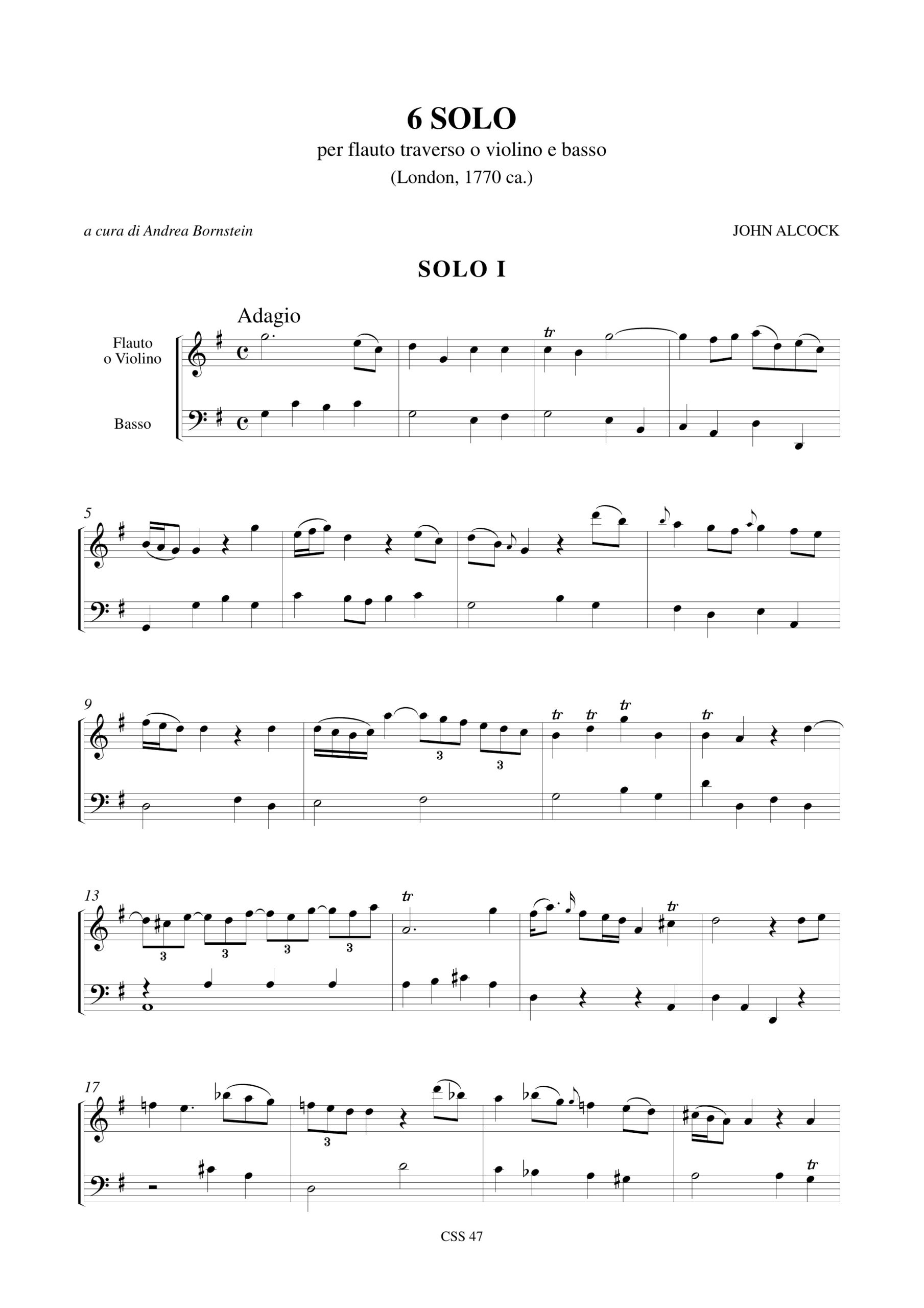 Alcock, John: 6 Solo (London ca.1770) per Flauto Traverso o Violino e Basso - Image 2