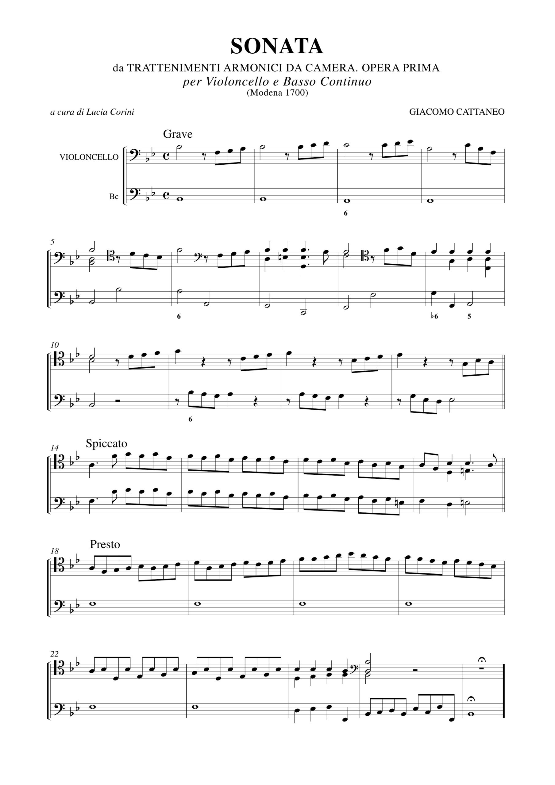 Cattaneo, Giacomo: Sonata da “Trattenimenti armonici da camera”. Opera prima (Modena 1700) per Violoncello e Basso Continuo - Image 2