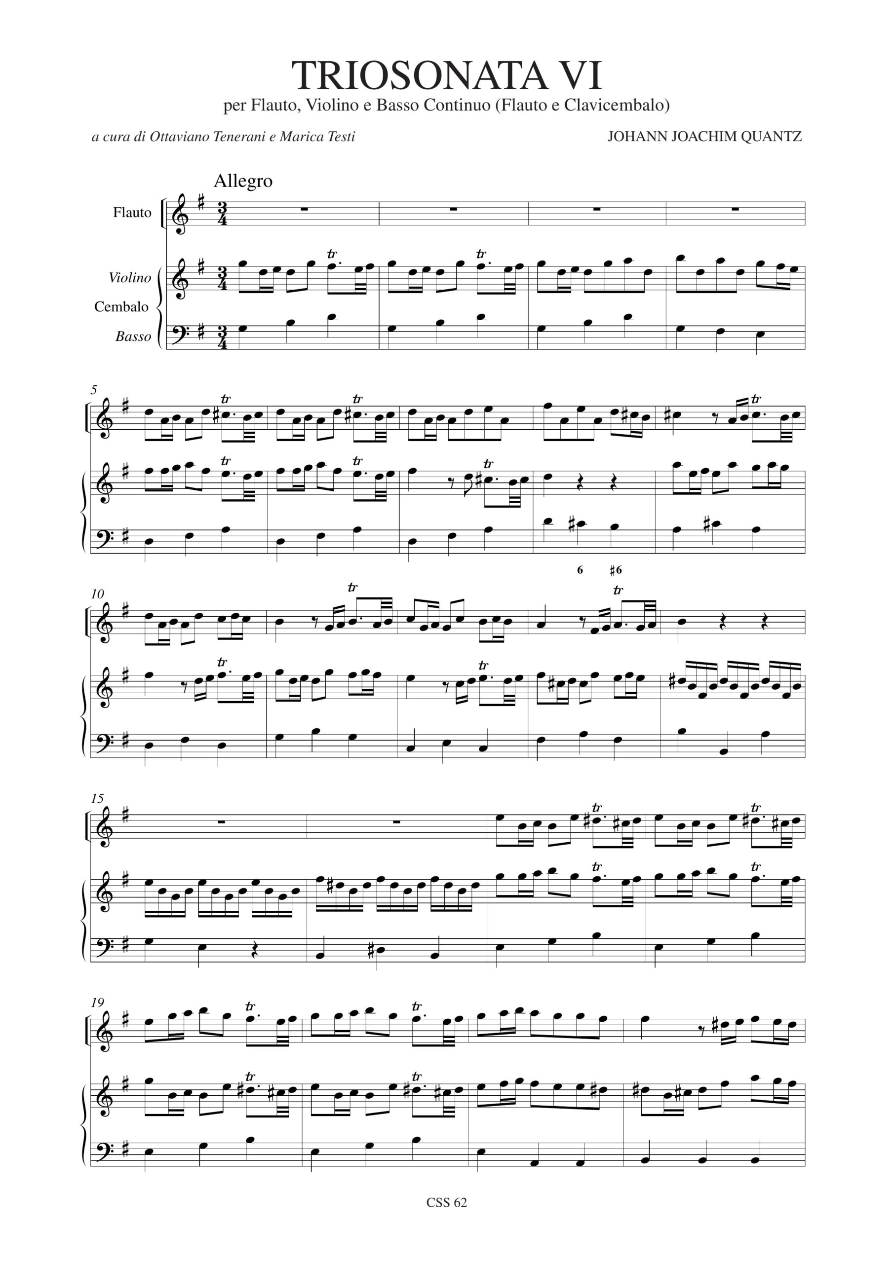 Quantz, Johann Joachim: 7 Triosonate per Flauto, Violino e Basso Continuo (Flauto e Clavicembalo) - Vol. 6: Triosonata VI in Sol maggiore - Image 2