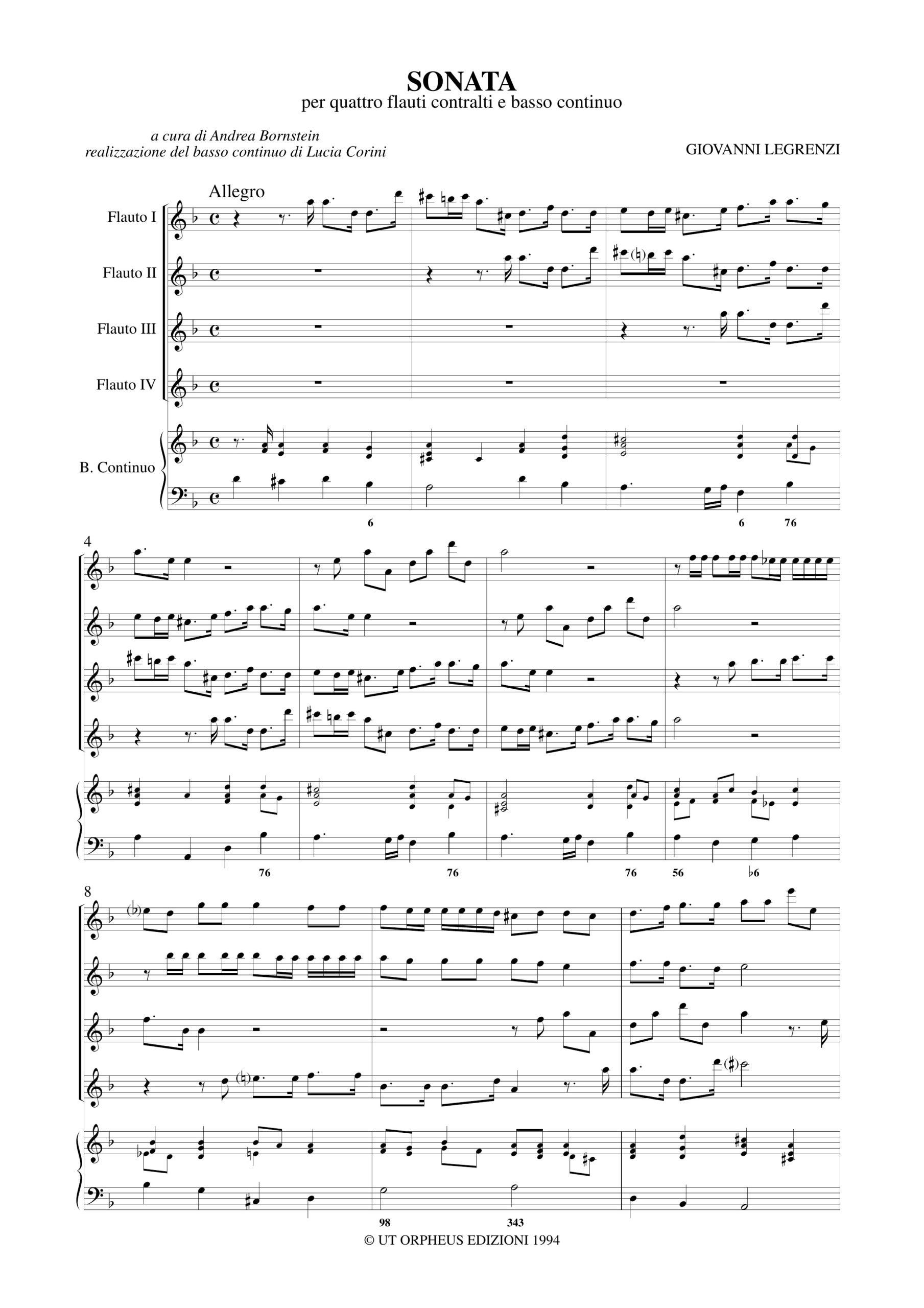 Legrenzi, Giovanni: Sonata per 4 Flauti Dolci Contralti e Basso Continuo - Image 2