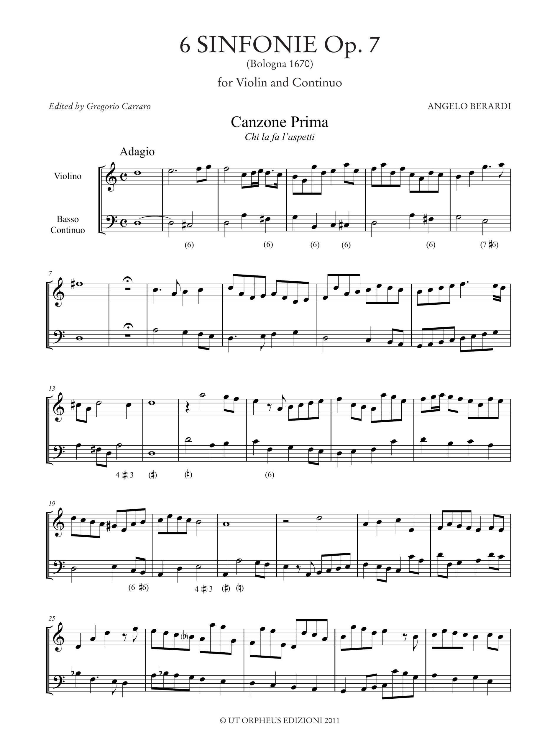 Berardi, Angelo: 6 Sinfonie Op. 7 (Bologna 1670) per Violino e Basso Continuo - Image 2