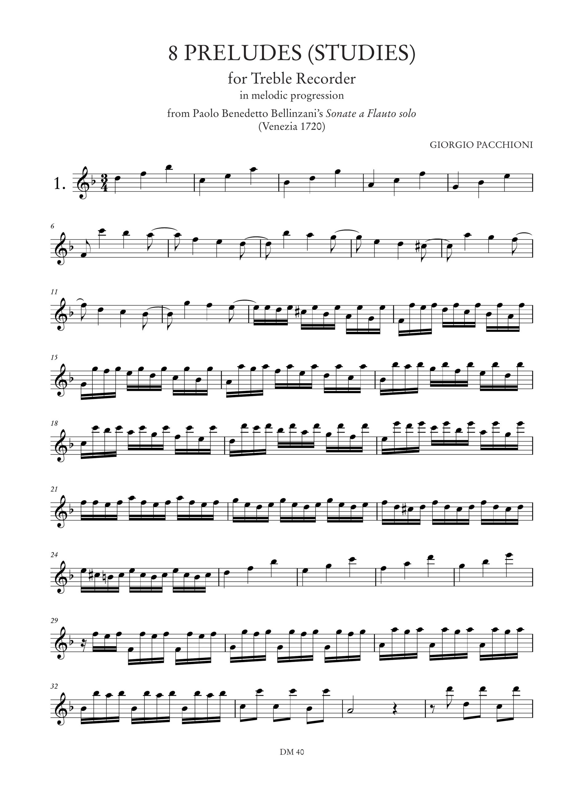 Pacchioni, Giorgio: 8 Preludi (Studi) in forma di progressione melodica dalle “Sonate a Flauto solo” di Paolo Benedetto Bellinzani (Venezia 1720) per Flauto Dolce Contralto - Image 2