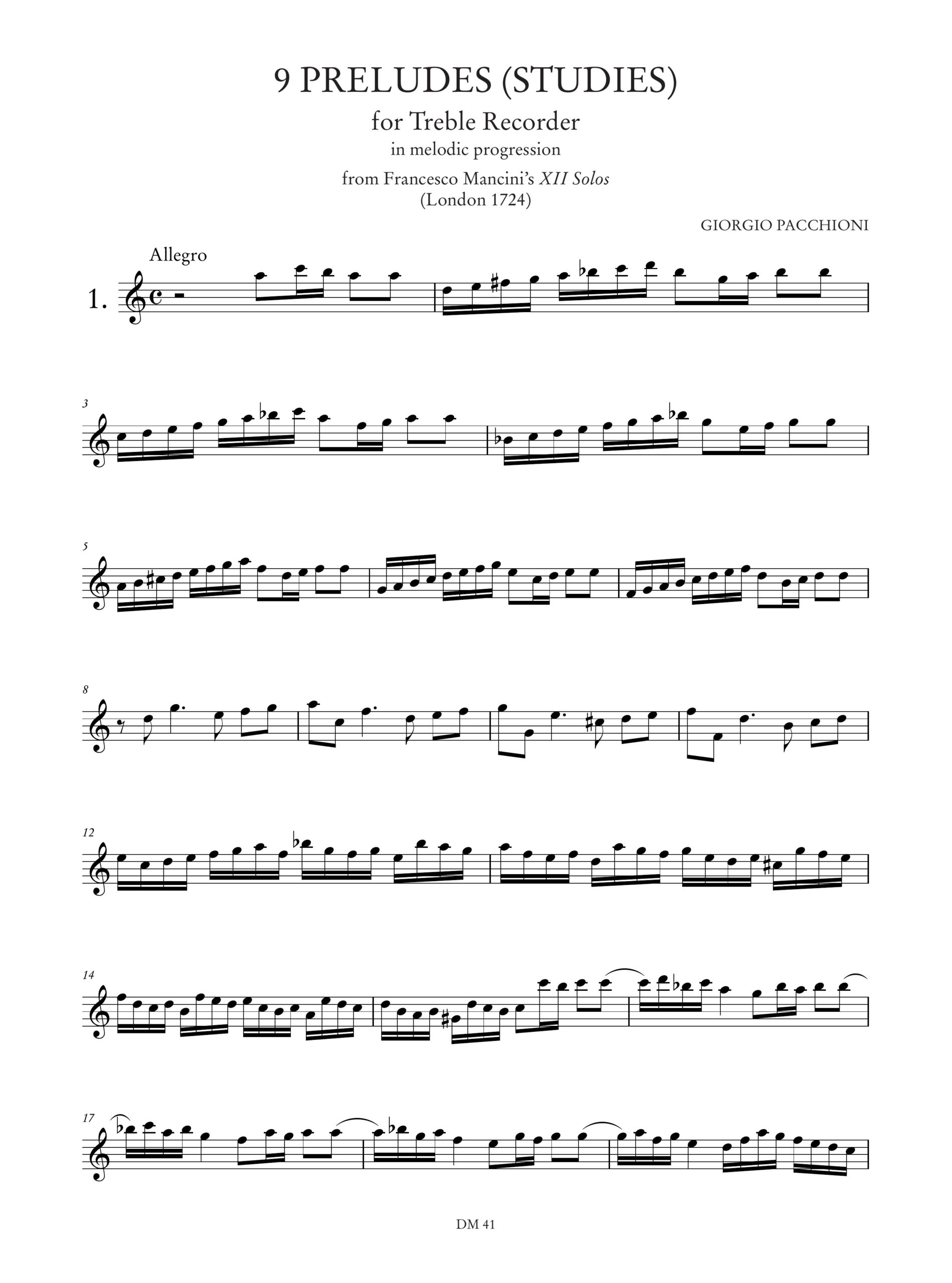 Pacchioni, Giorgio: 9 Preludi (Studi) in forma di progressione melodica dai “XII Solos” di Francesco Mancini (London 1724) per Flauto Dolce Contralto - Image 2