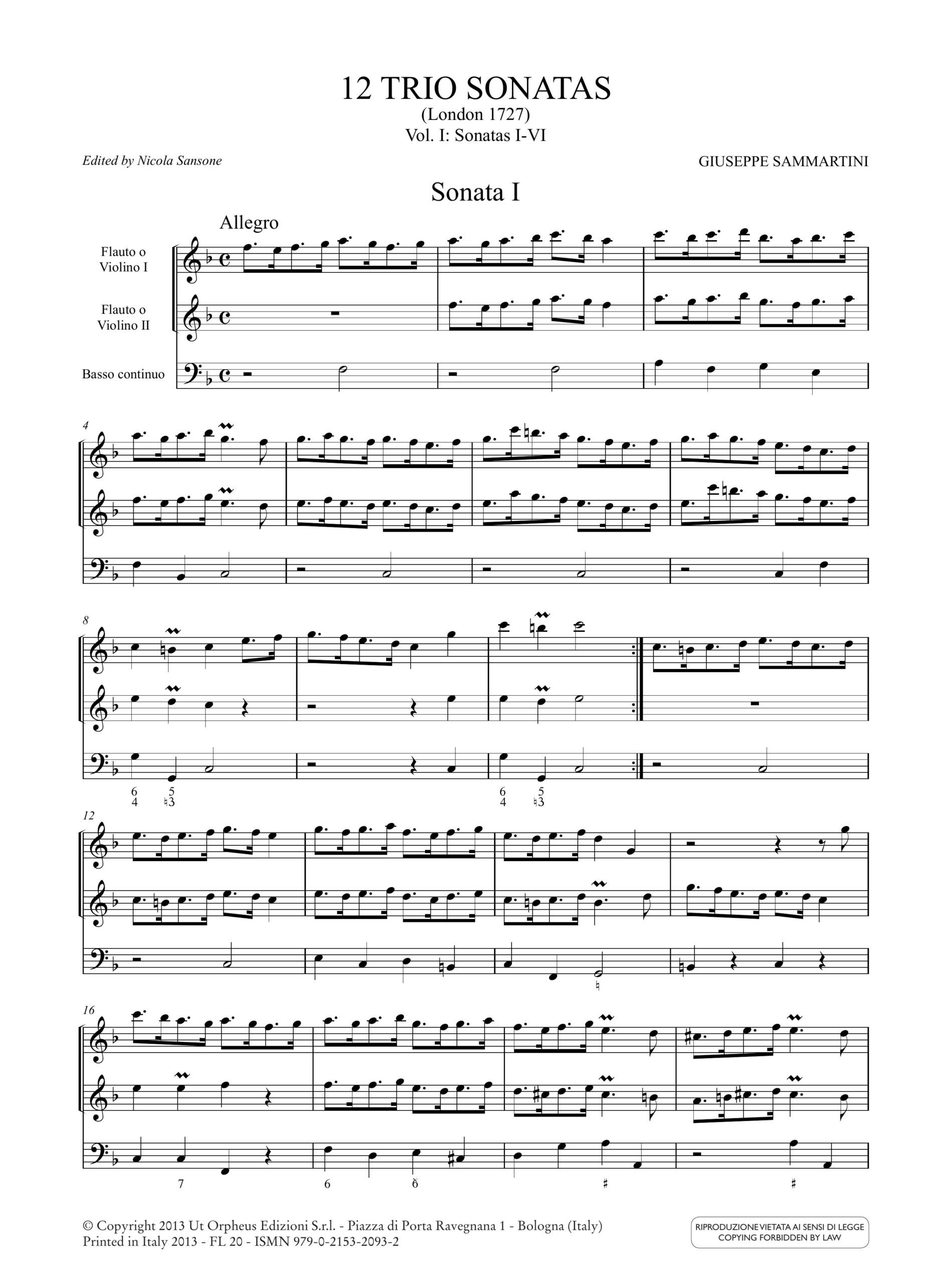 Sammartini, Giuseppe: 12 Triosonate (London 1727) per 2 Flauti Dolci Contralti (2 Violini) e Basso Continuo - Vol. 1: Sonate I-VI - Image 2