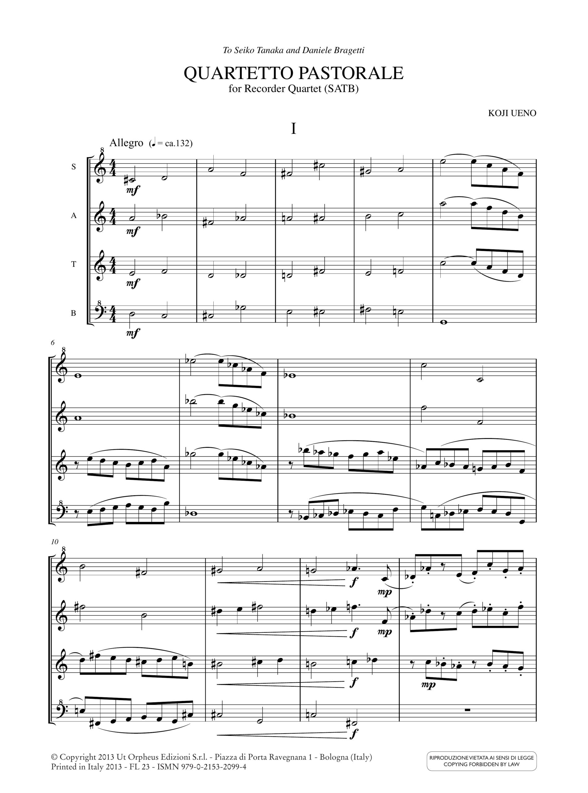 Ueno, Koji: Quartetto Pastorale per Quartetto di Flauti Dolci (SATB) (2009) - Image 2