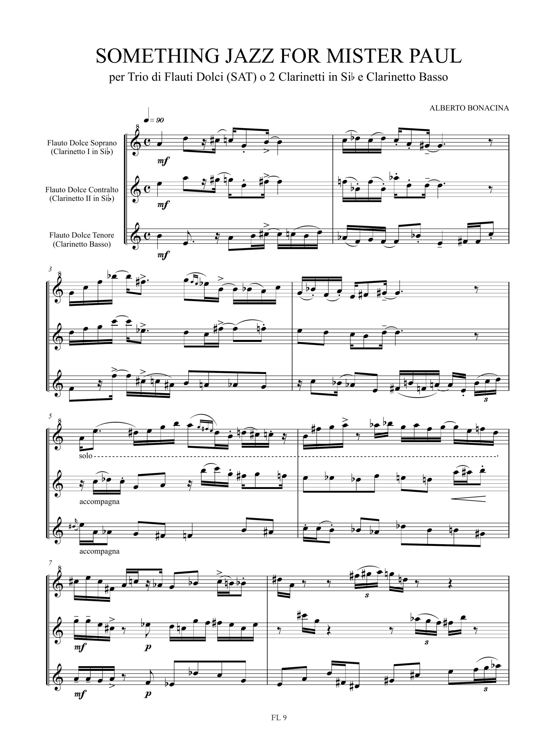 Bonacina, Alberto: Something Jazz for Mister Paul per Trio di Flauti Dolci (SAT) o 2 Clarinetti in Si bemolle e Clarinetto Basso (2008) - Image 2