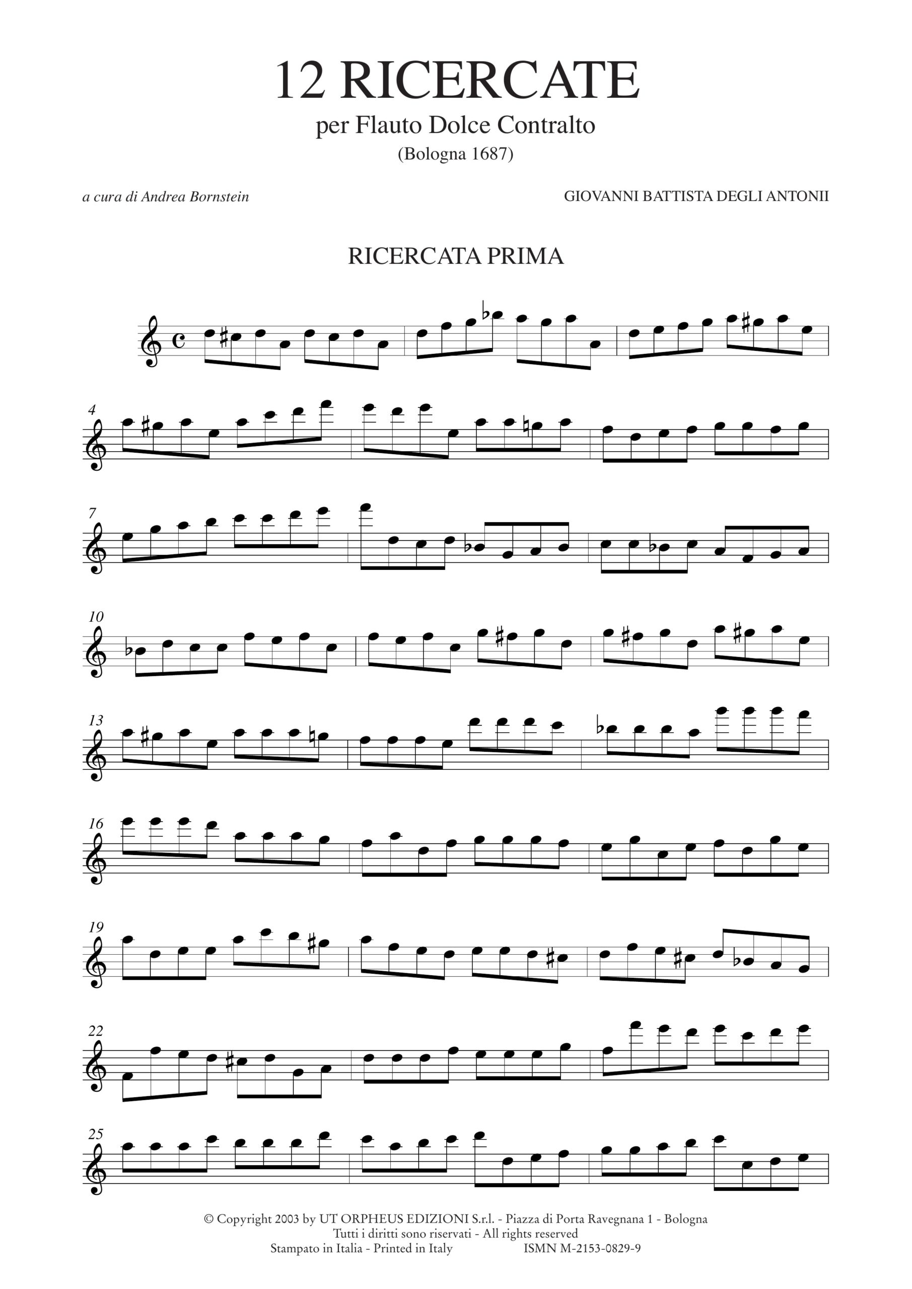 degli Antonii, Giovanni Battista: 12 Ricercate (Bologna 1687) per Flauto Dolce Contralto (Flauto Traverso, Violino, Oboe) - Image 2