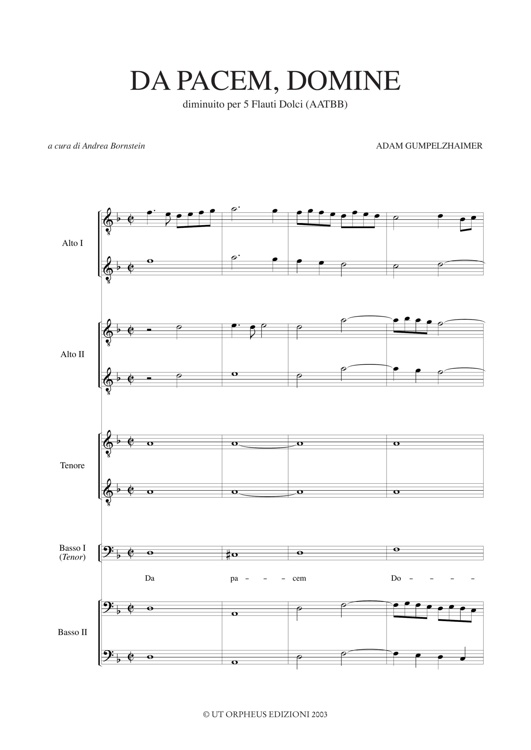 Gumpelzhaimer, Adam: Da pacem, Domine diminuito per 5 Flauti Dolci (AATBB) - Image 2