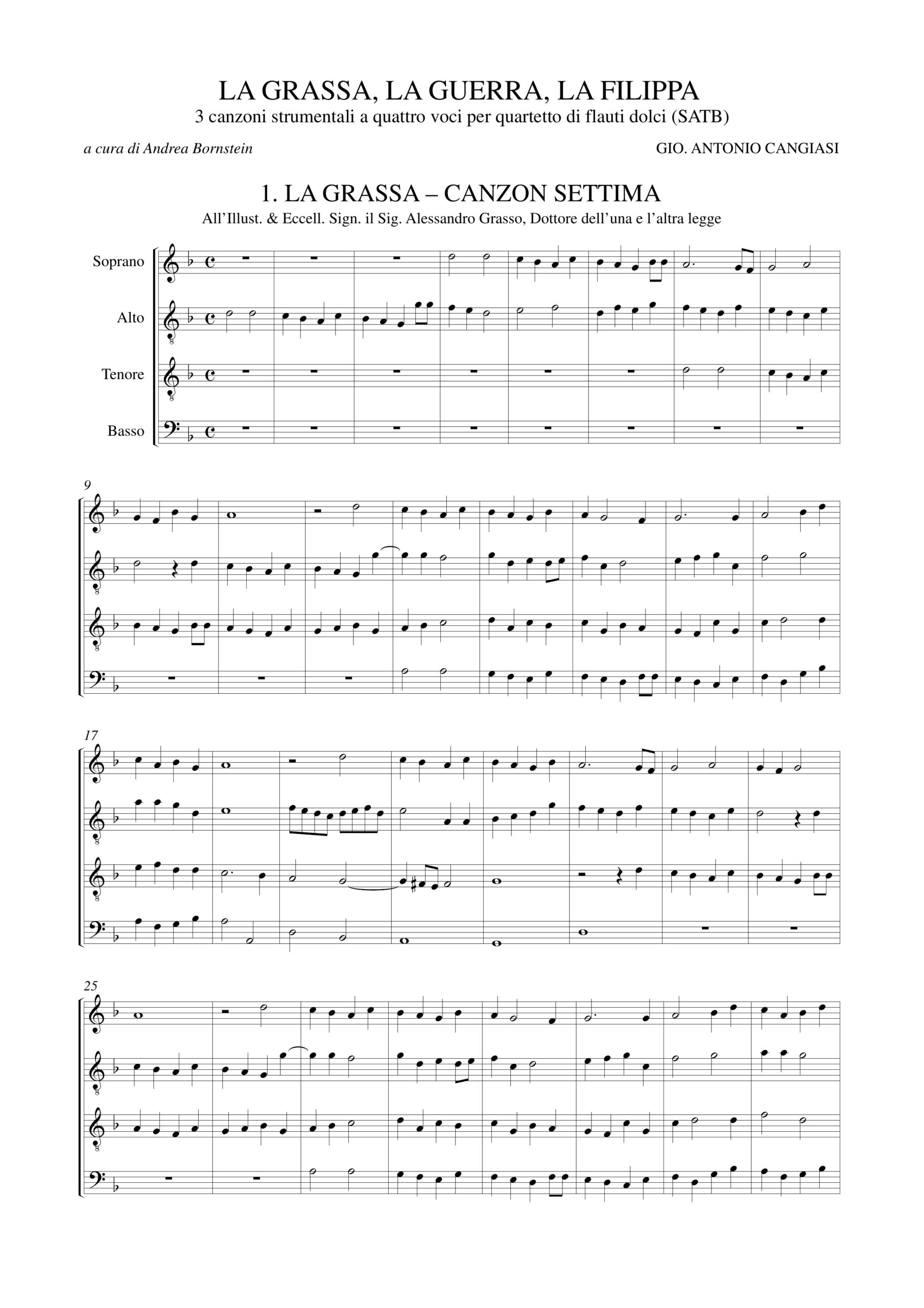 Cangiasi, Giovanni Antonio: La Grassa, La Guerra, La Filippa. 3 Canzoni Strumentali a quattro voci (Milano 1614) per Quartetto di Flauti Dolci (SATB) - Image 2