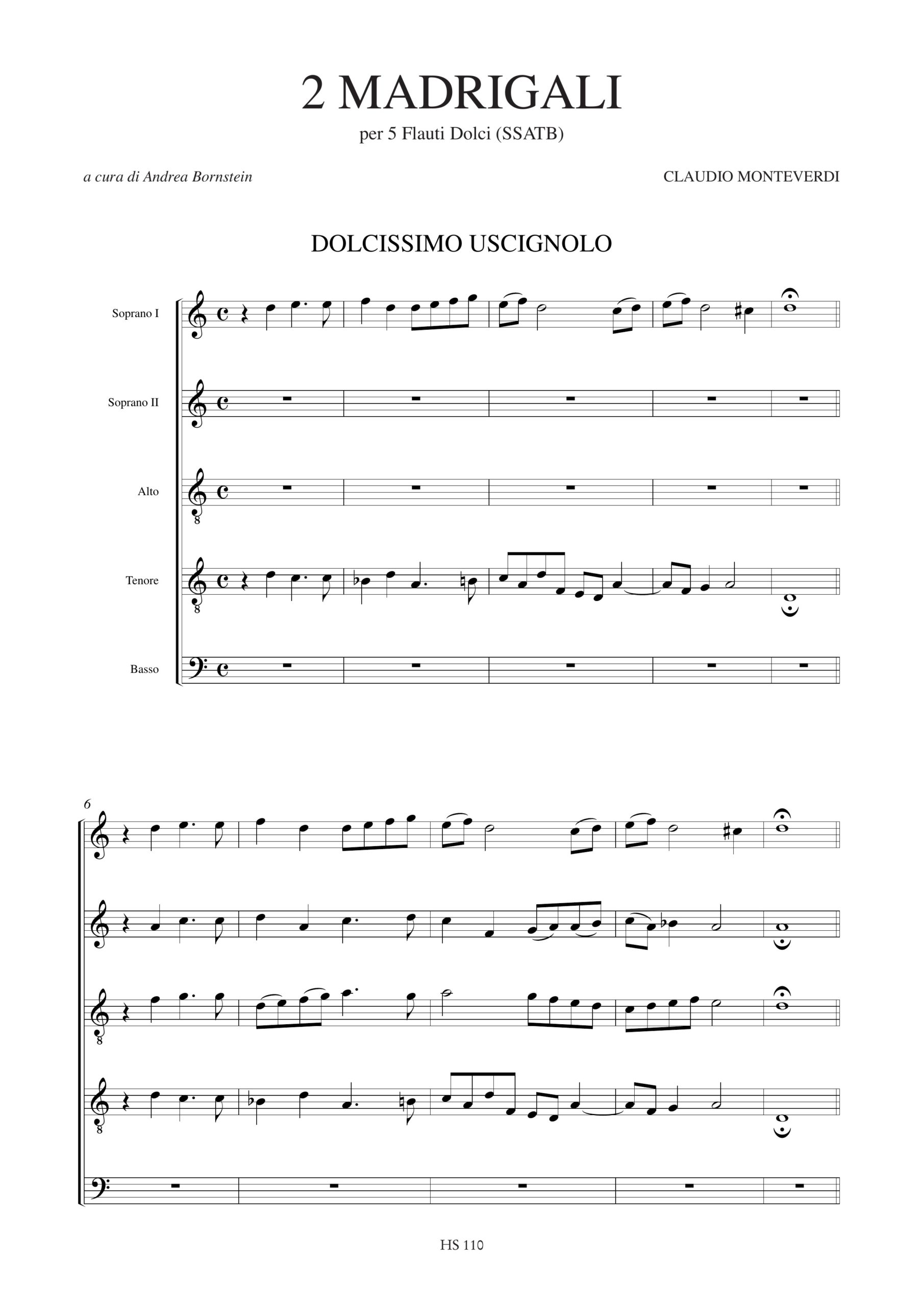 Monteverdi, Claudio: 2 Madrigali (Dolcissimo uscignolo, Chi vol aver felice e lieto il core) per 5 Flauti Dolci (SSATB) - Image 2