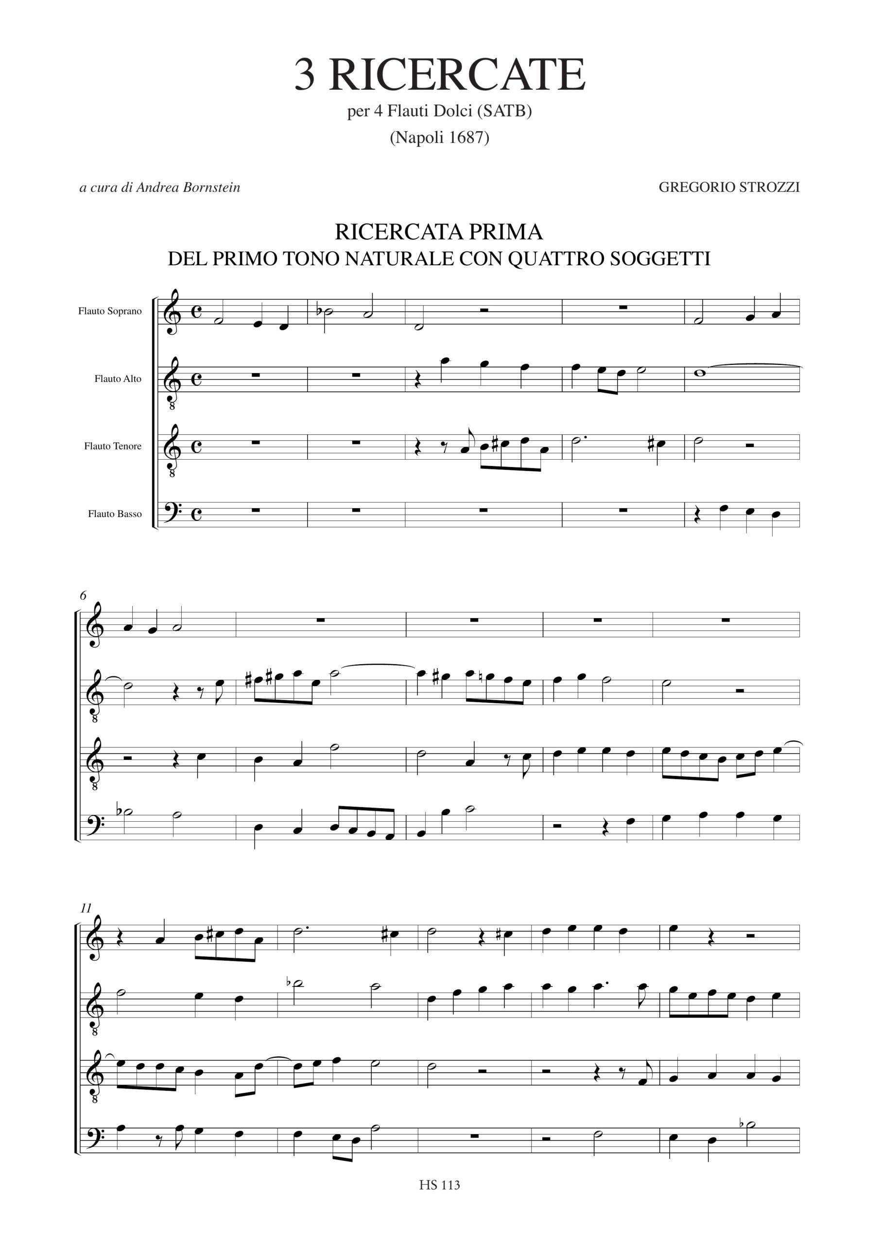 Strozzi, Gregorio: 3 Ricercate (Napoli 1687) per 4 Flauti Dolci (SATB) - Image 2