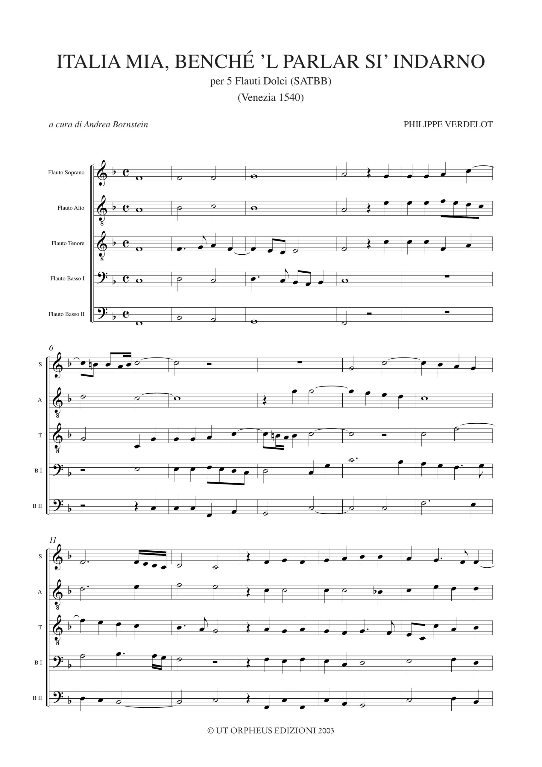 Verdelot, Philippe: Italia mia, benché ’l parlar si’ indarno (Venezia 1540) per 5 Flauti Dolci (SATBB) - Image 2