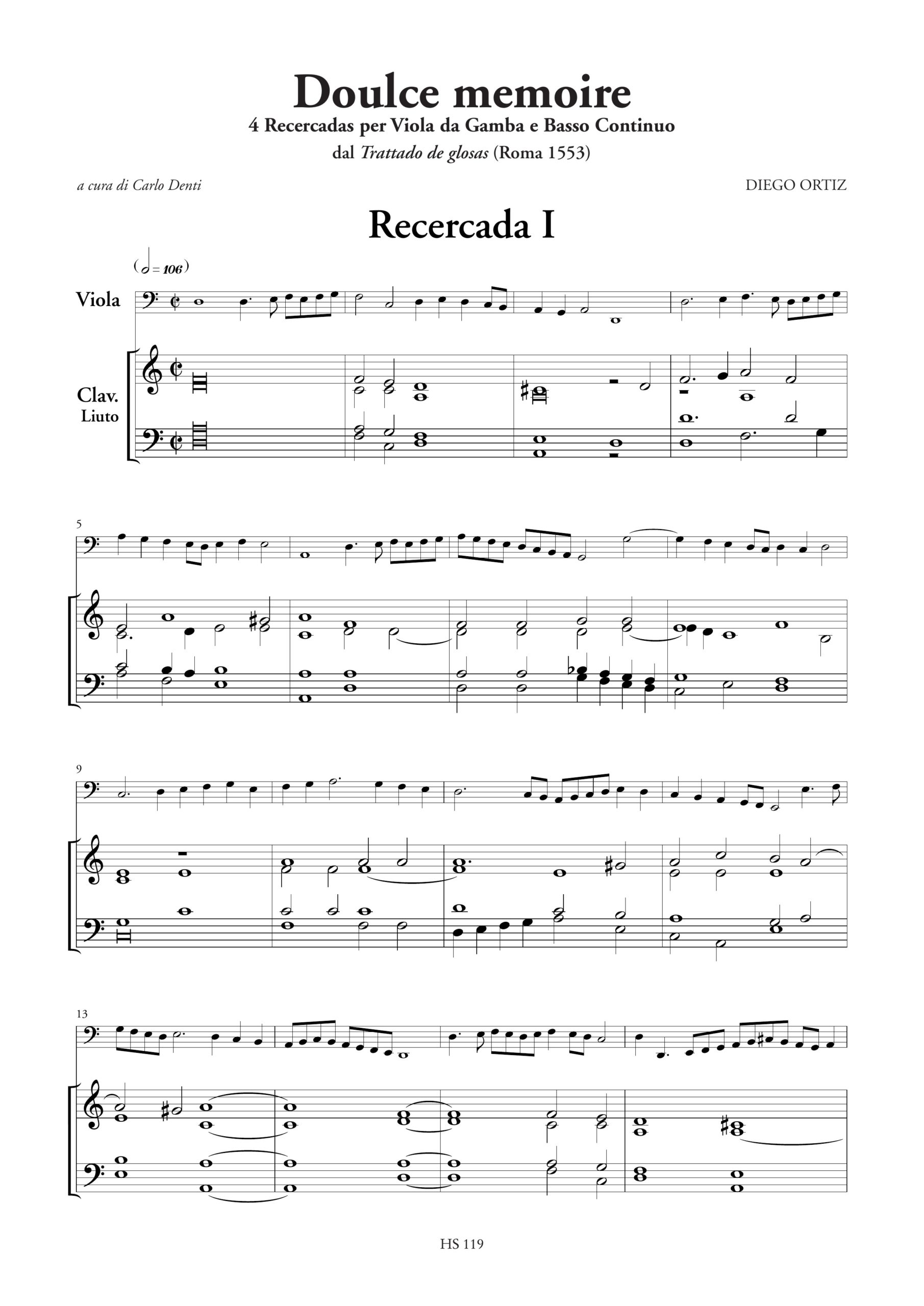 Ortiz, Diego: Doulce Memoire. 4 Recercadas dal “Trattado de glosas” (Roma 1553) per Viola da Gamba e Basso Continuo - Image 2