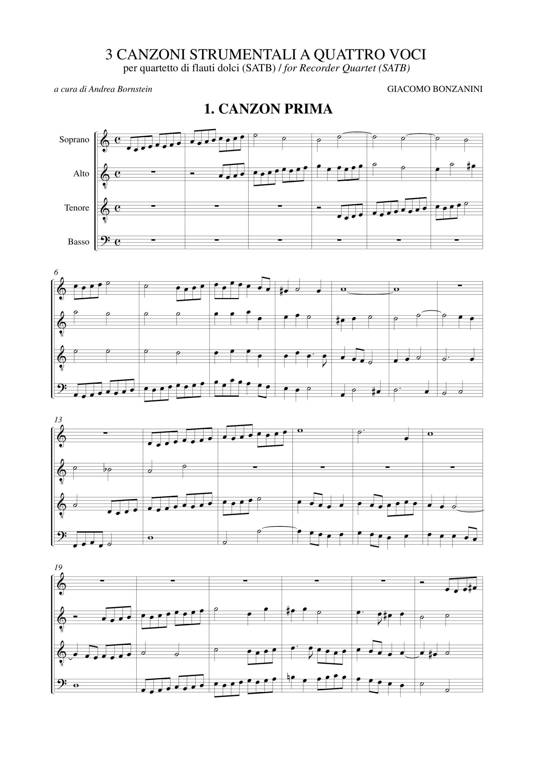 Bonzanini, Giacomo: 3 Canzoni strumentali a quattro voci (Venezia 1616) per Quartetto di Flauti Dolci (SATB) - Image 2