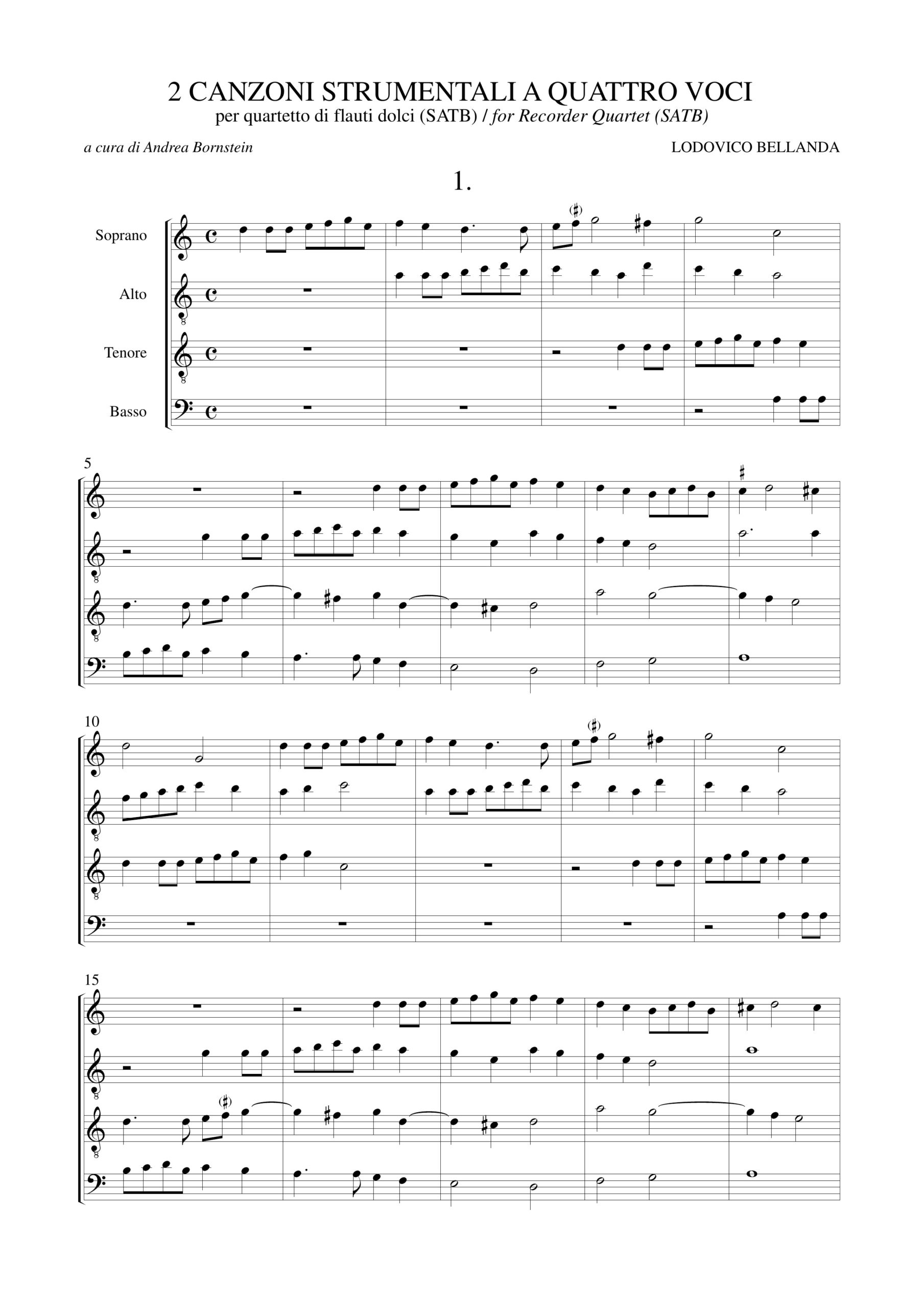 Bellanda, Lodovico: 2 Canzoni Strumentali a quattro voci (Verona 1599) per Quartetto di Flauti Dolci (SATB) - Image 2