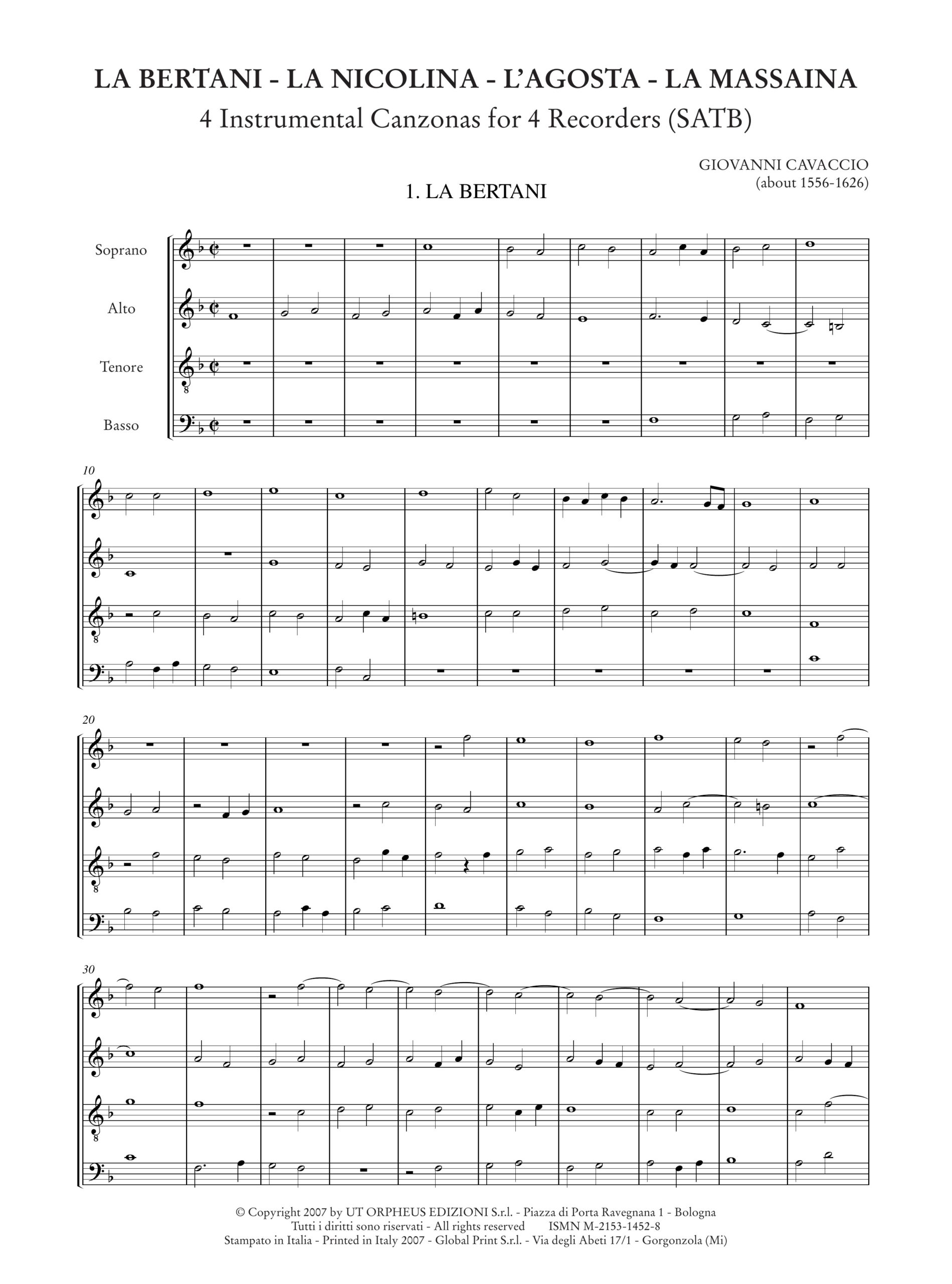 Cavaccio, Giovanni: La Bertani - La Nicolina - L’Agosta - La Massaina. 4 Canzoni strumentali for 4 Flauti Dolci (SATB) - Image 2