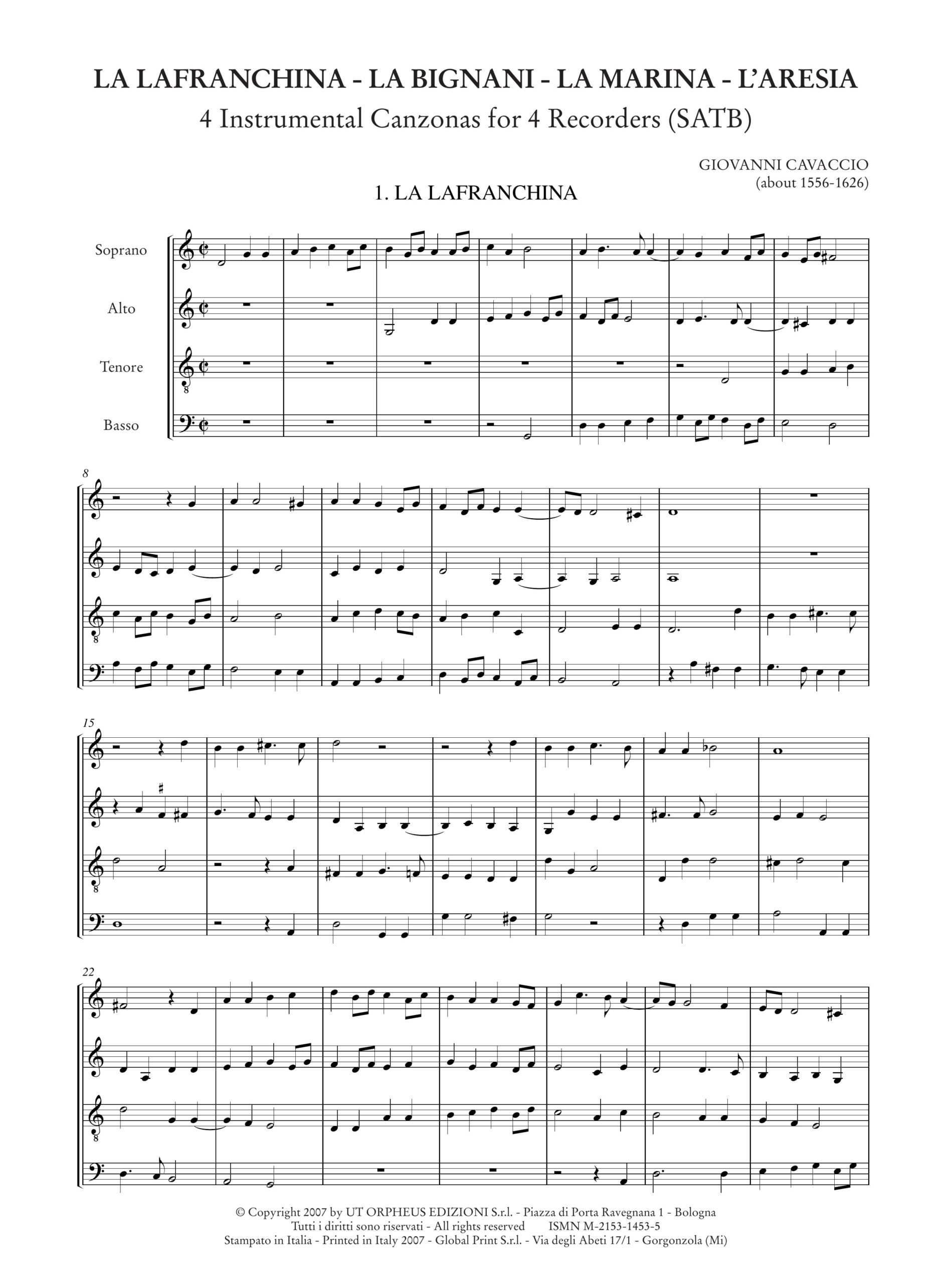 Cavaccio, Giovanni: La Lafranchina - La Bignani - La Marina - L’Aresia. 4 Canzoni strumentali for 4 Flauti Dolci (SATB) - Image 2