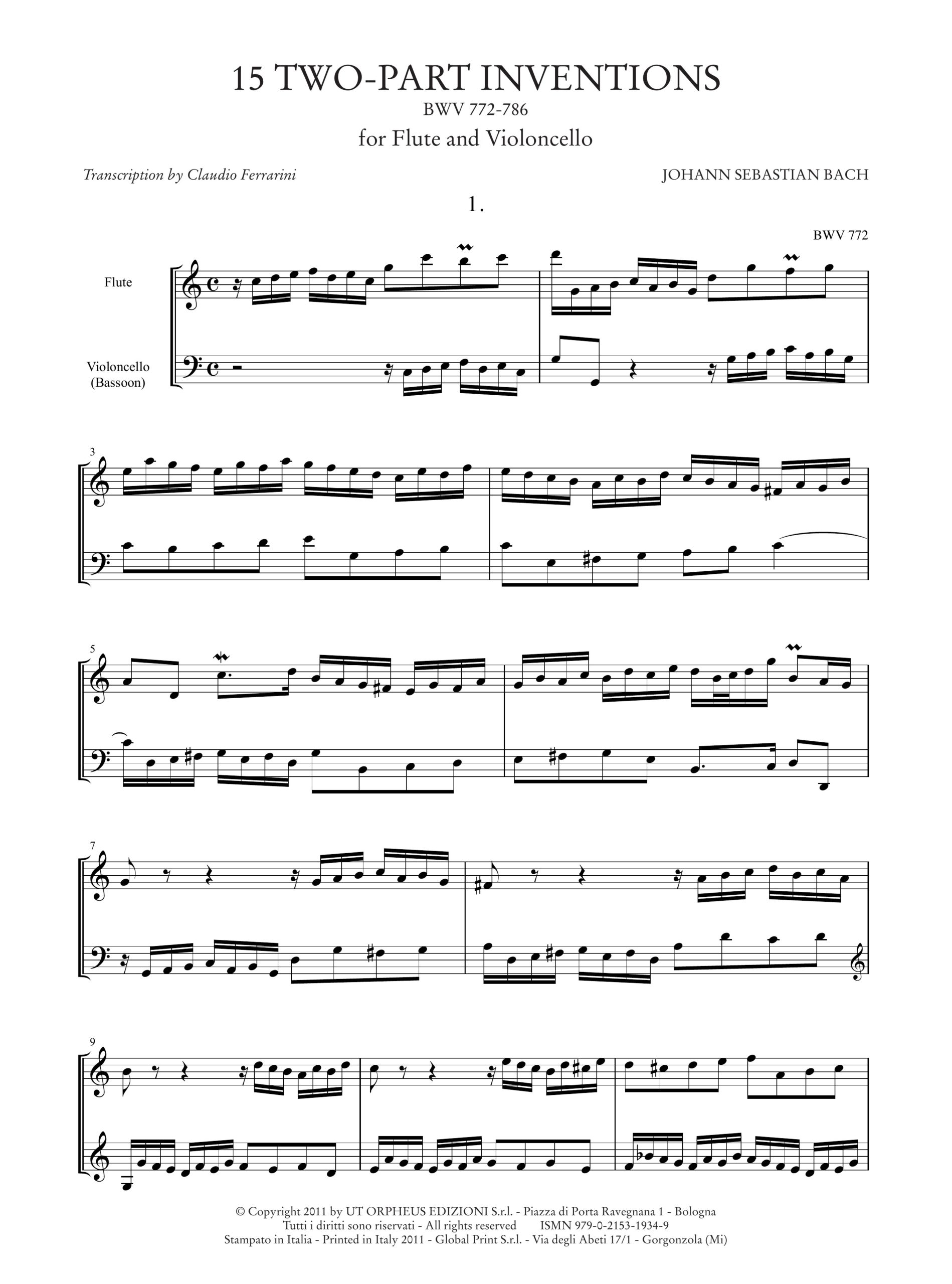 Bach, Johann Sebastian: 15 Invenzioni a due voci BWV 772-786 per Flauto e Violoncello (Fagotto) - Image 2