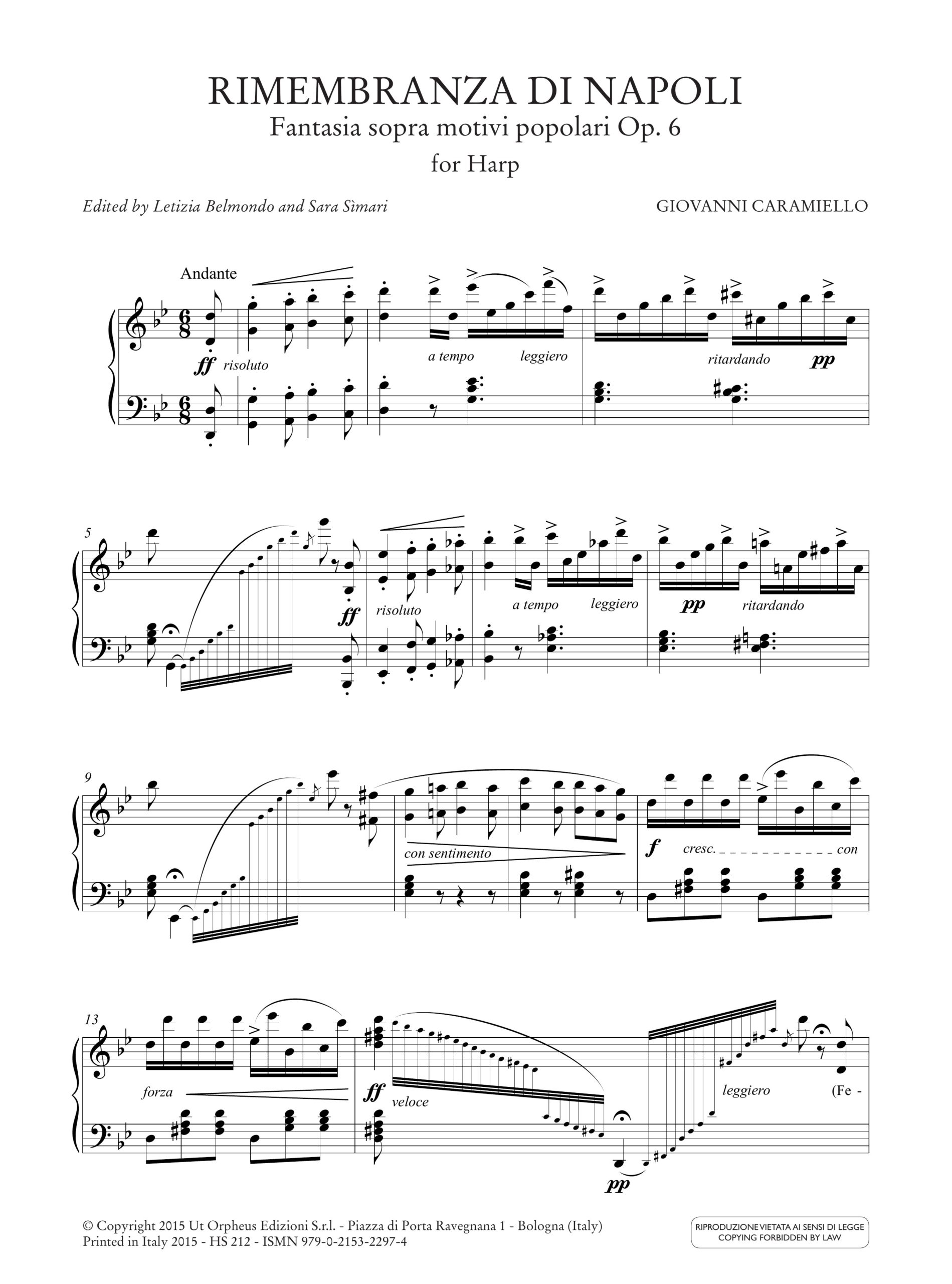 Caramiello, Giovanni: Rimembranza di Napoli. Fantasia sopra motivi popolari Op. 6 per Arpa - Image 2