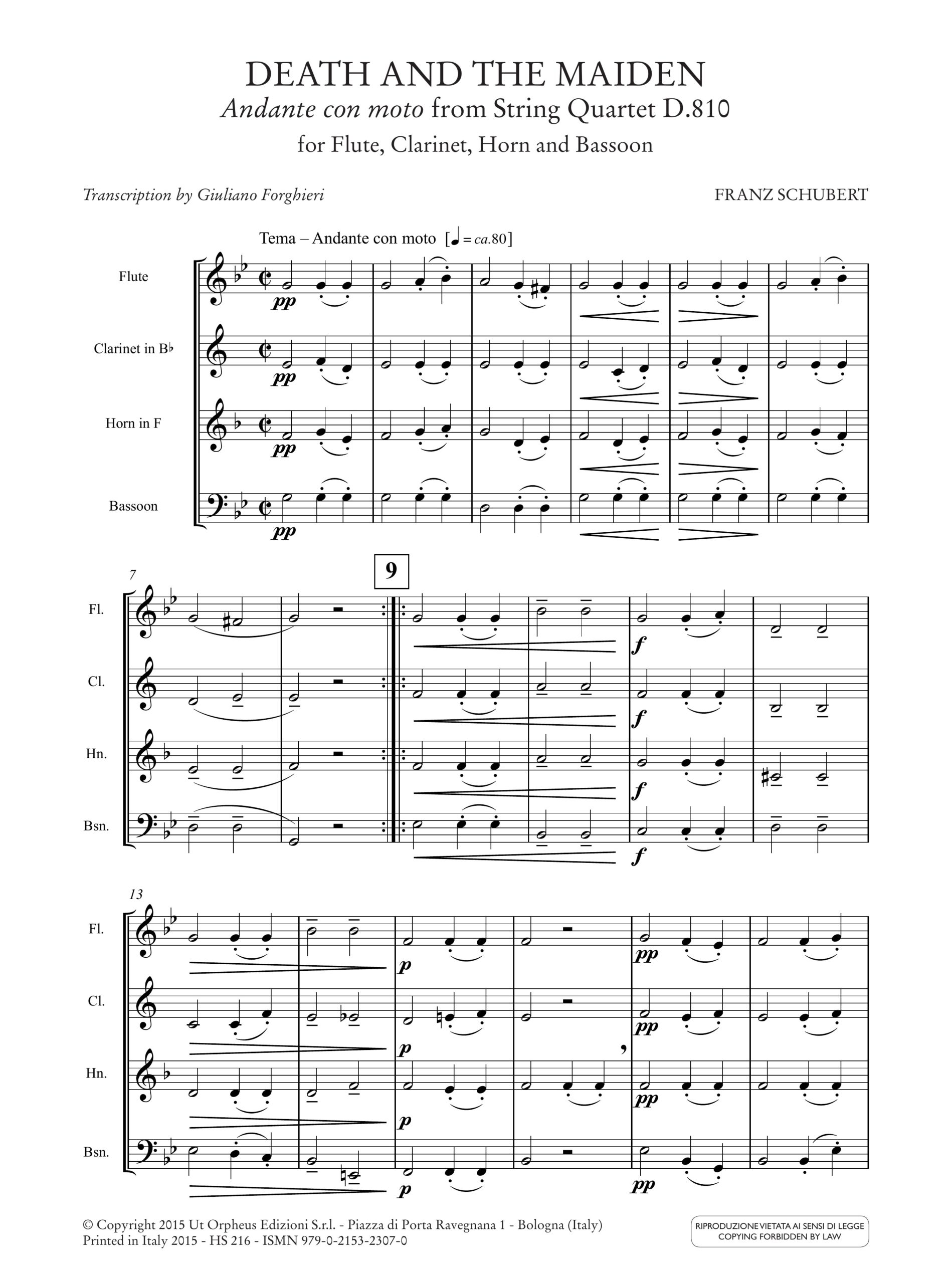 Schubert, Franz: La Morte e la Fanciulla. Andante con moto dal Quartetto per Archi D.810 per Flauto, Clarinetto, Corno e Fagotto - Image 2