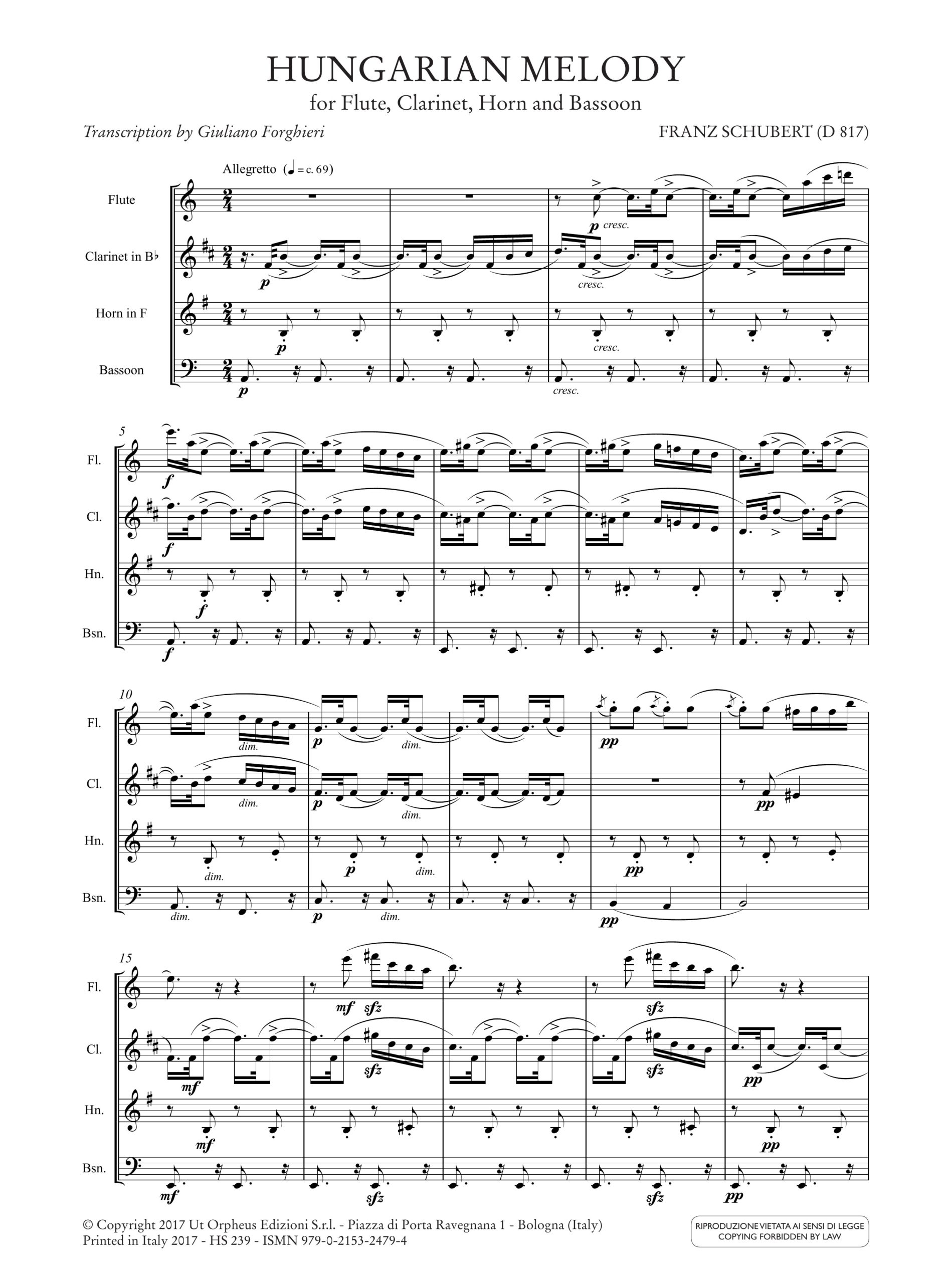 Schubert, Franz: Melodia Ungherese D 817 per Flauto, Clarinetto, Corno e Fagotto - Image 2