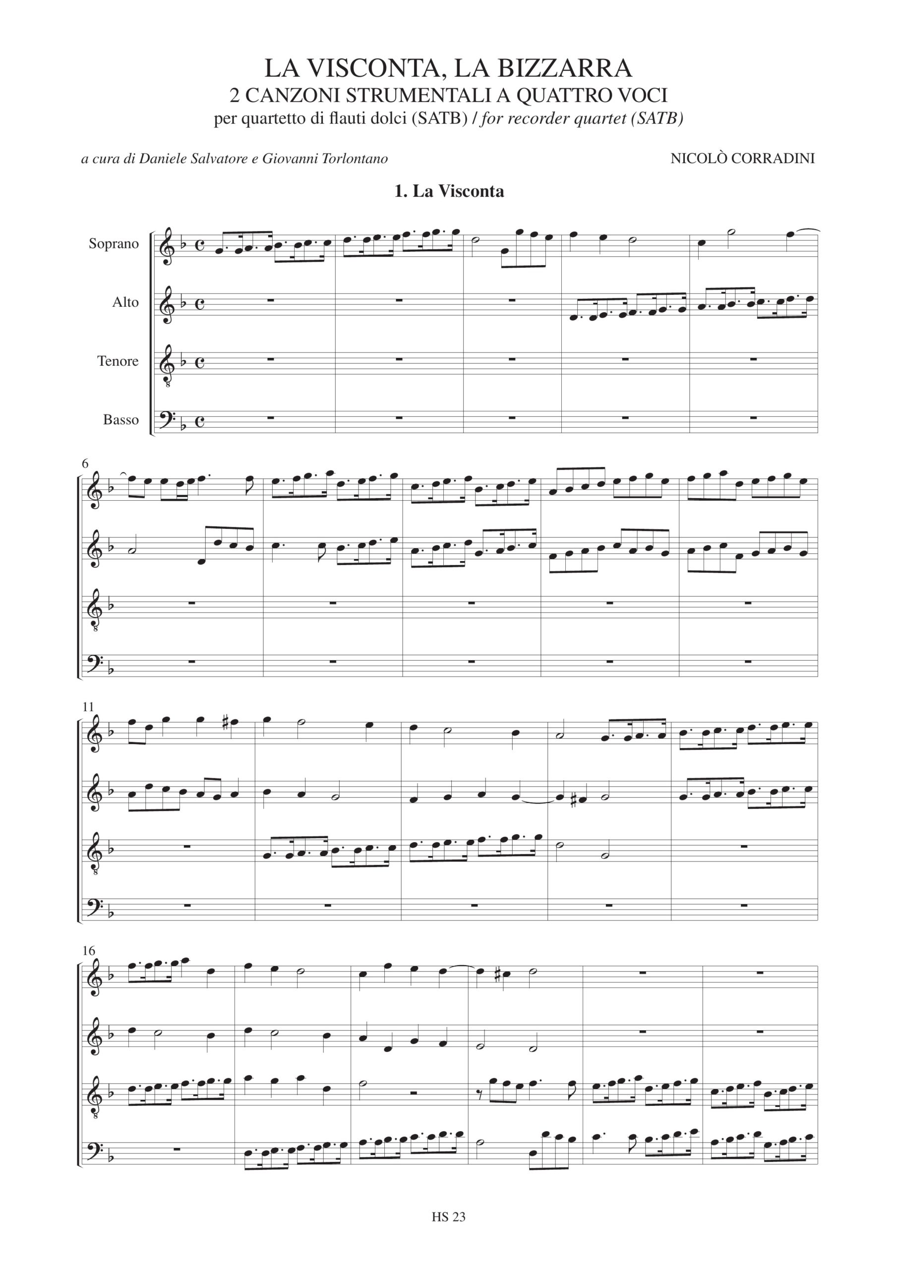 Corradini, Nicolò: La Visconta, La Bizzarra. 2 Canzoni Strumentali a quattro voci (Venezia 1624) per Quartetto di Flauti Dolci (SATB) - Image 2