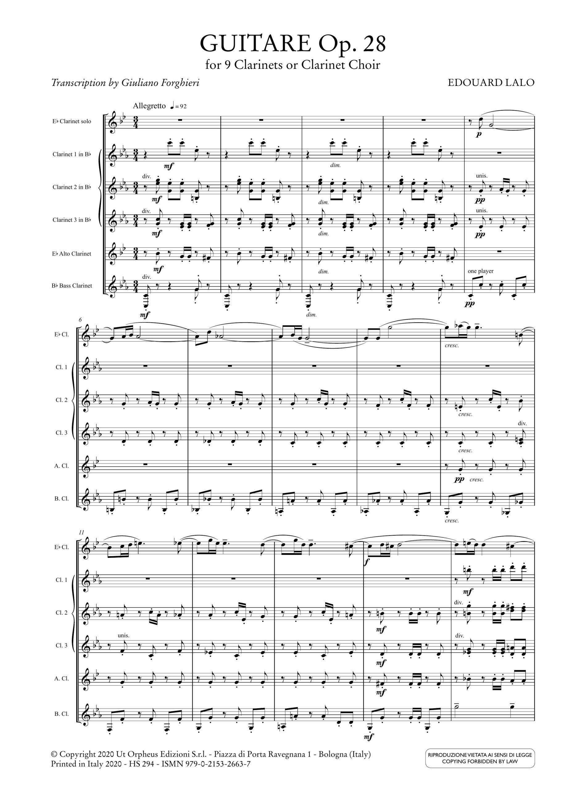 Lalo, Édouard: Guitare op. 28 per 9 Clarinetti o Orchestra di Clarinetti - Image 2
