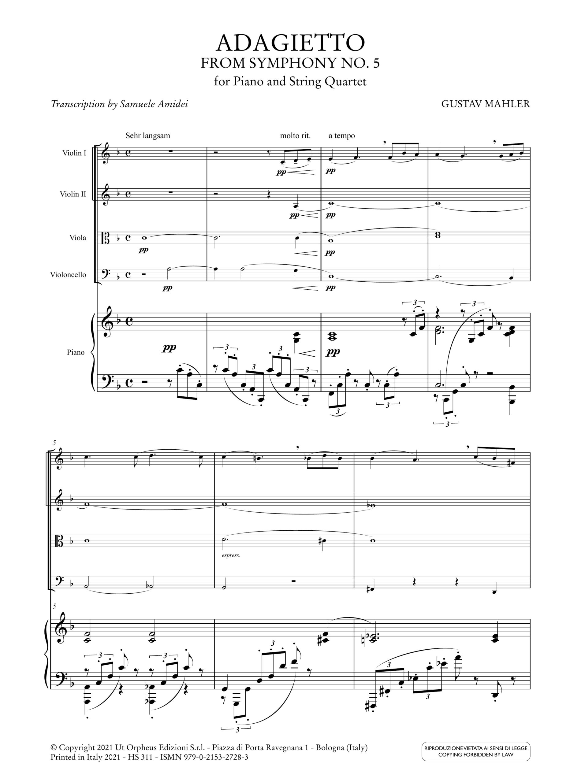 Mahler, Gustav: Adagietto dalla Sinfonia n. 5 per Pianoforte e Quartetto d’Archi - Image 2