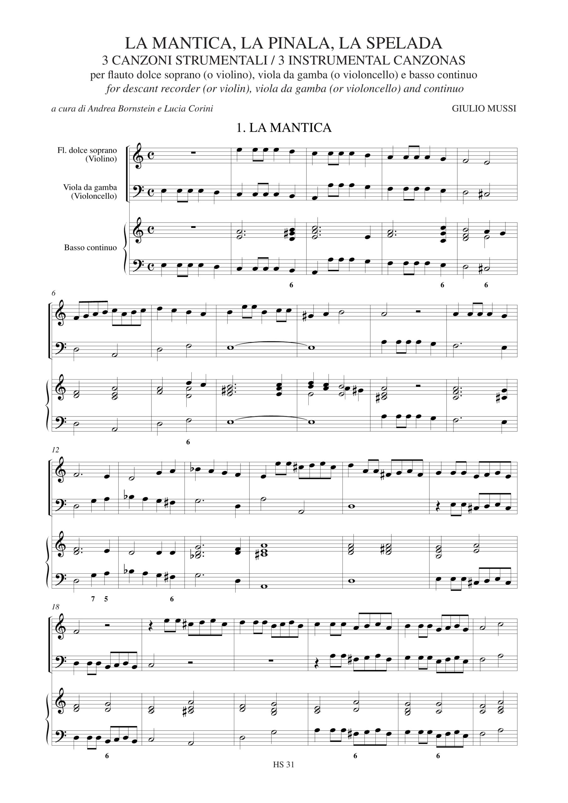 Mussi, Giulio: La Mantica, La Pinala, La Spelada. 3 Canzoni Strumentali (Venezia 1620) per Flauto Dolce Soprano (Violino), Viola da Gamba (Violoncello) e Basso Continuo - Image 2