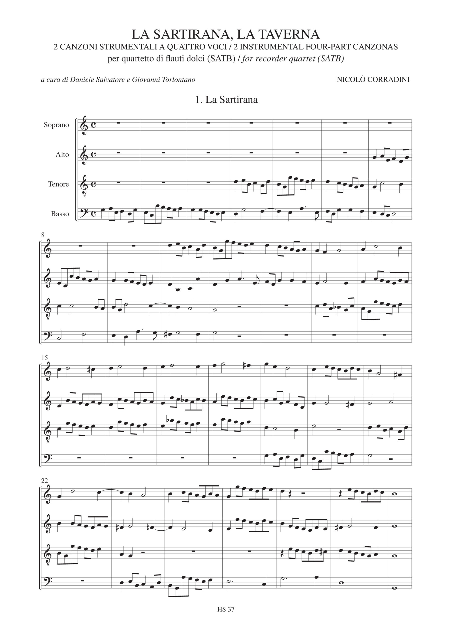 Corradini, Nicolò: La Sartirana, La Taverna. 2 Canzoni Strumentali a quattro voci (Venezia 1624) per Quartetto di Flauti Dolci (SATB) - Image 2
