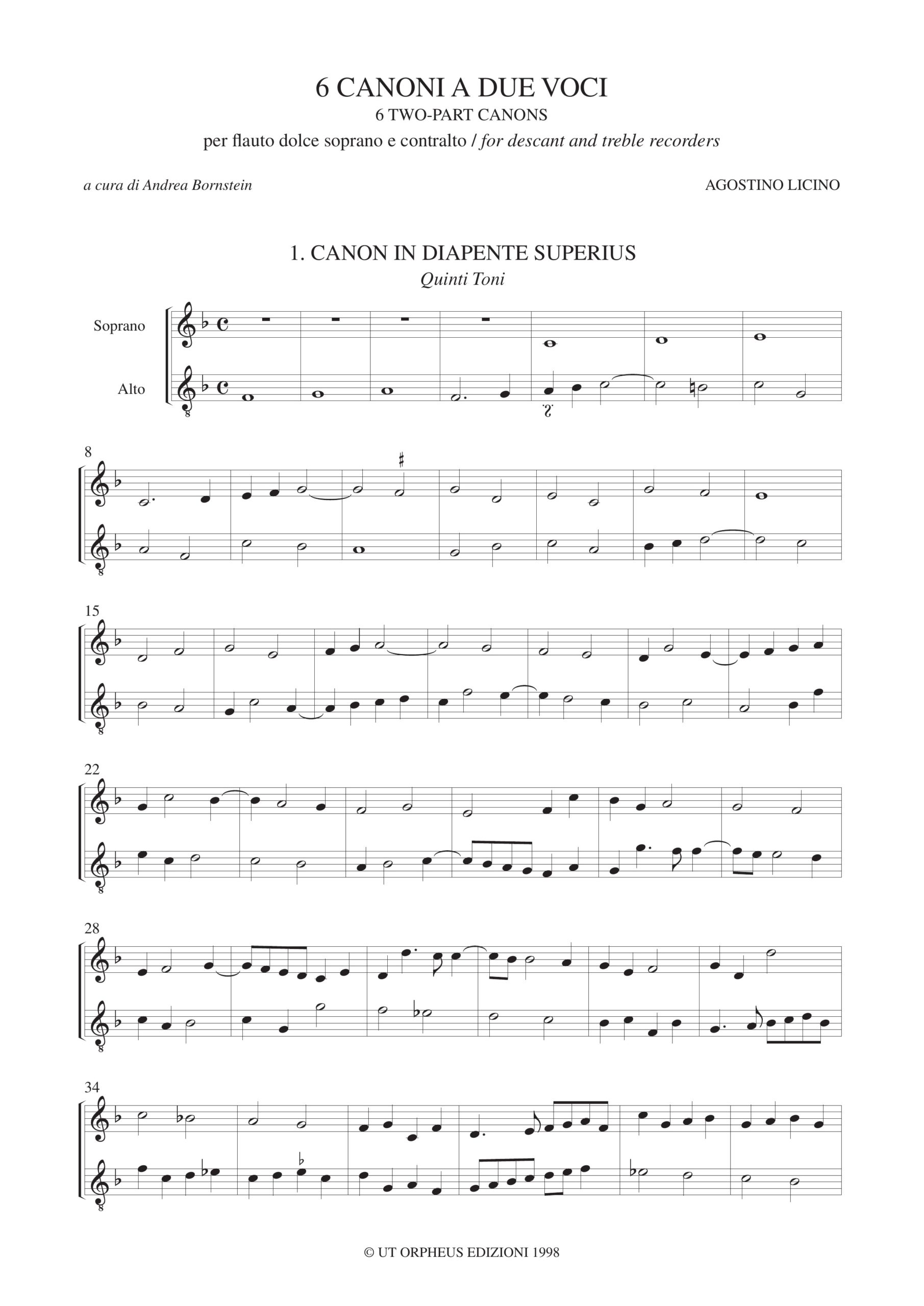 Licino, Agostino: 6 Canoni a due voci (Venezia 1546) per Flauto Dolce Soprano e Contralto - Image 2