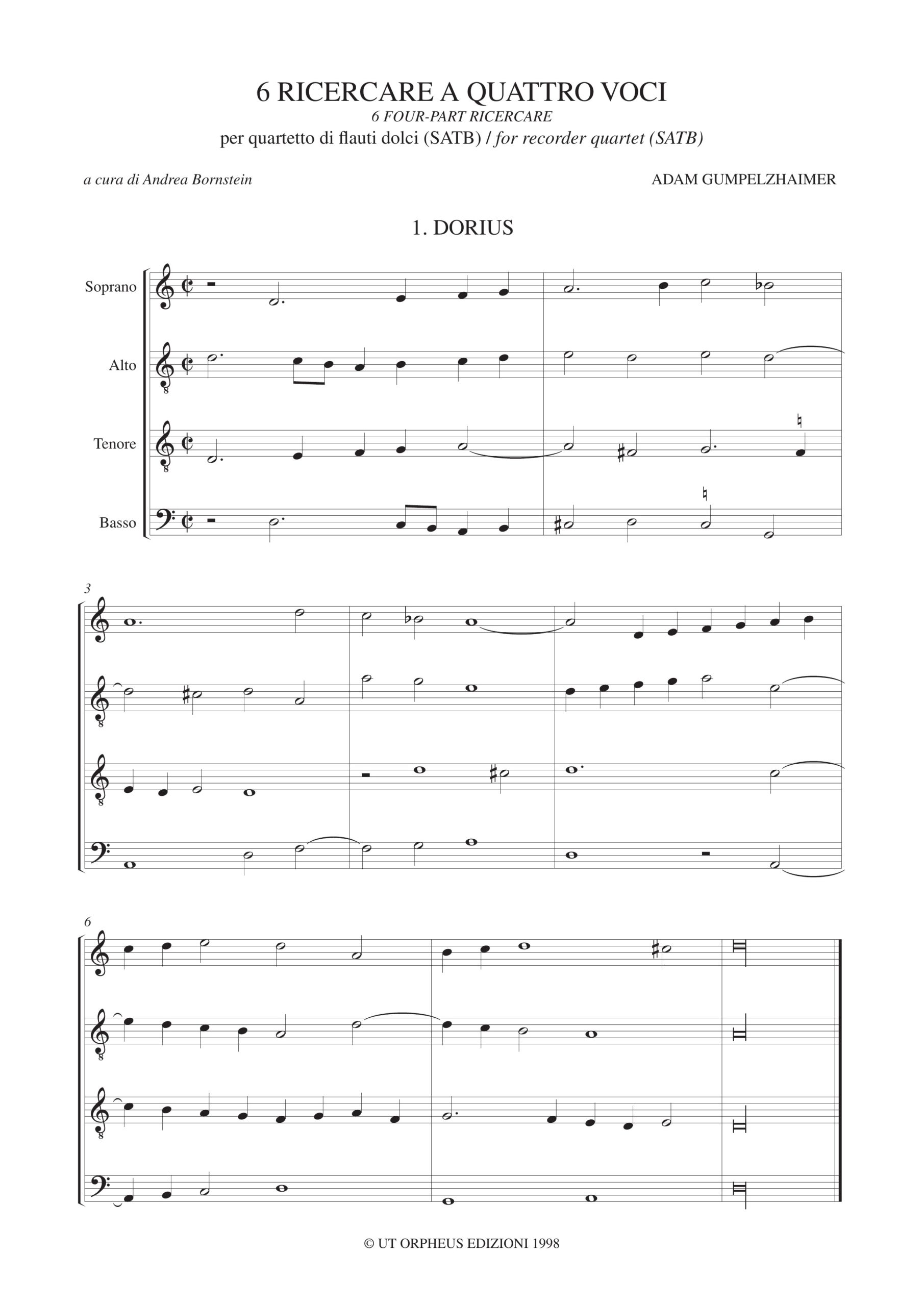 Gumpelzhaimer, Adam: 6 Ricercare a quattro voci (Augsburg 1591) per Quartetto di Flauti Dolci (SATB) - Image 2