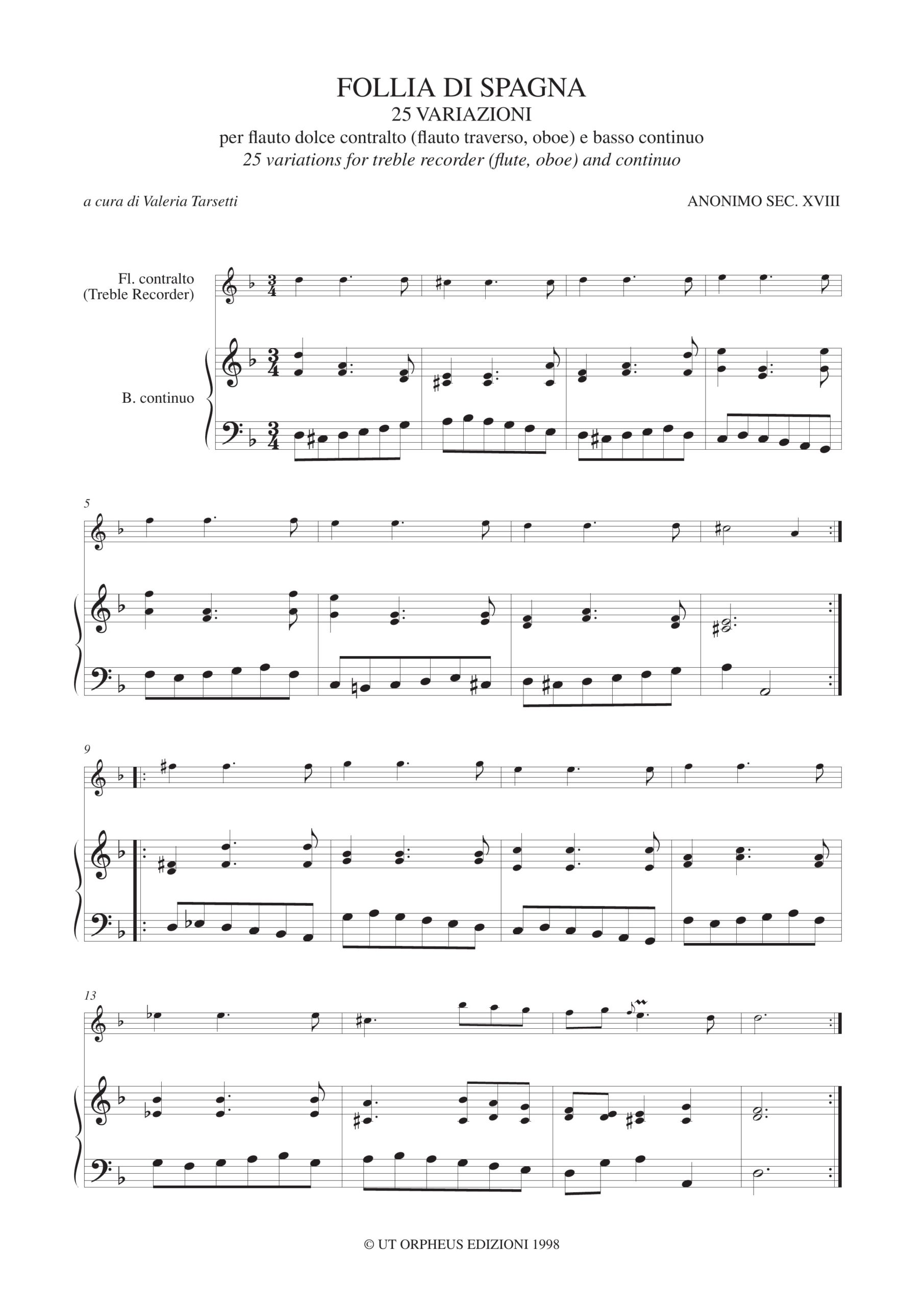 Anonimo sec. XVIII: Follia di Spagna. 25 Variazioni (dal ms. CF-V-23 della Biblioteca Palatina di Parma) per Flauto Dolce Contralto (Flauto Traverso, Oboe) e Basso Continuo - Image 2