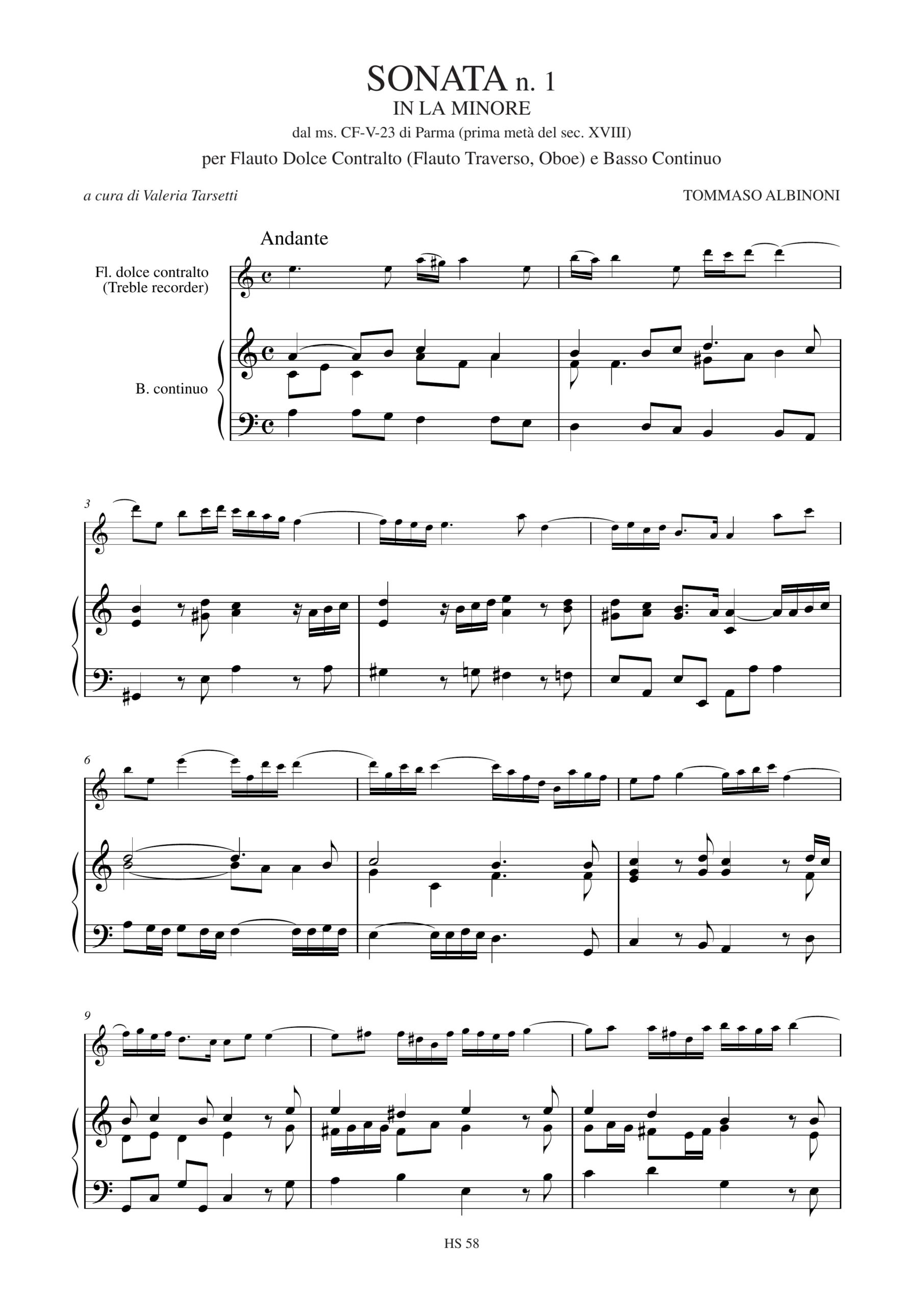 Albinoni, Tomaso: Sonata N. 1 in La minore dal ms. CF-V-23 della Biblioteca Palatina di Parma (prima metà sec. XVIII) per Flauto Dolce Contralto (Flauto Traverso, Oboe) e Basso Continuo - Image 2