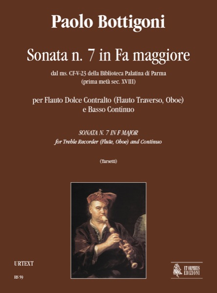 Bottigoni, Paolo: Sonata N. 7 in Fa maggiore dal ms. CF-V-23 della Biblioteca Palatina di Parma (prima metà sec. XVIII) per Flauto Dolce Contralto (Flauto Traverso, Oboe) e Basso Continuo