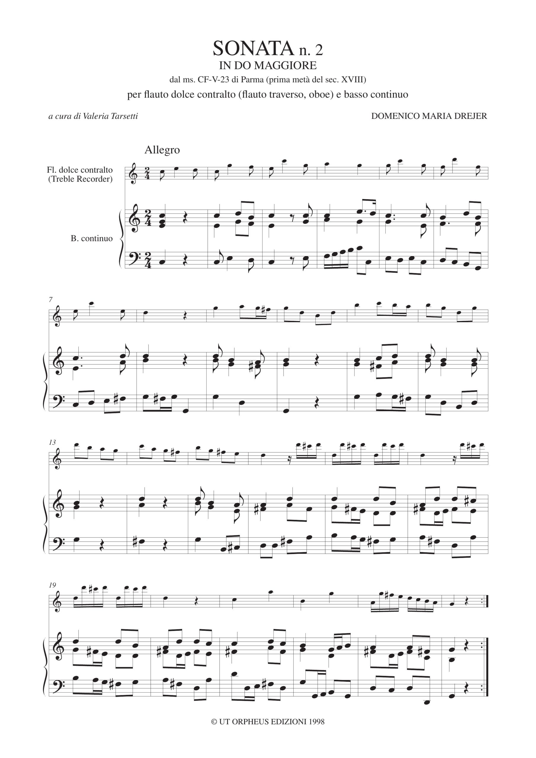 Drejer, Domenico Maria: Sonata N. 2 in Do maggiore dal ms. CF-V-23 della Biblioteca Palatina di Parma (prima metà sec. XVIII) per Flauto Dolce Contralto (Flauto Traverso, Oboe) e Basso Continuo - Image 2