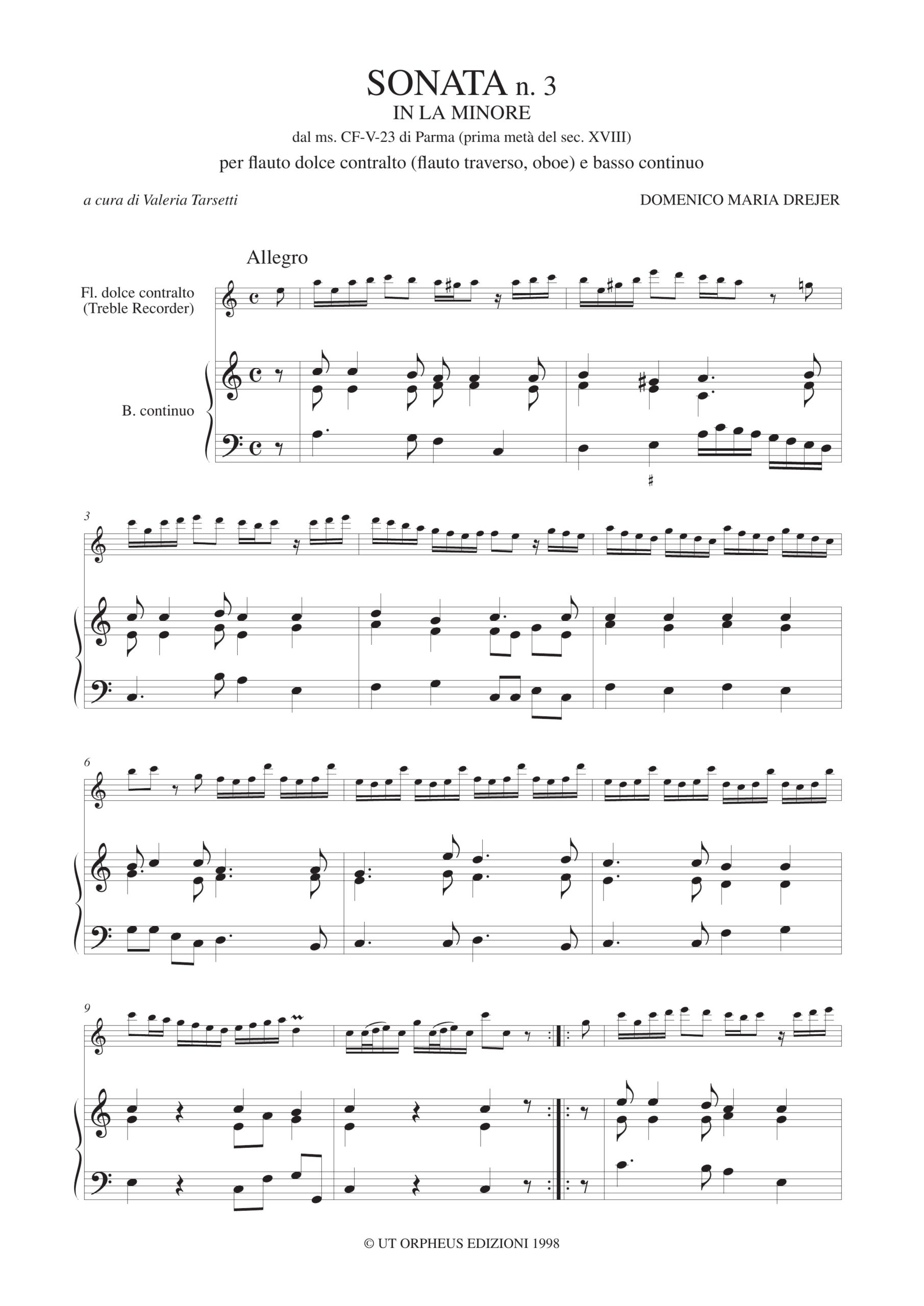 Drejer, Domenico Maria: Sonata N. 3 in La minore dal ms. CF-V-23 della Biblioteca Palatina di Parma (prima metà sec. XVIII) per Flauto Dolce Contralto (Flauto Traverso, Oboe) e Basso Continuo - Image 2