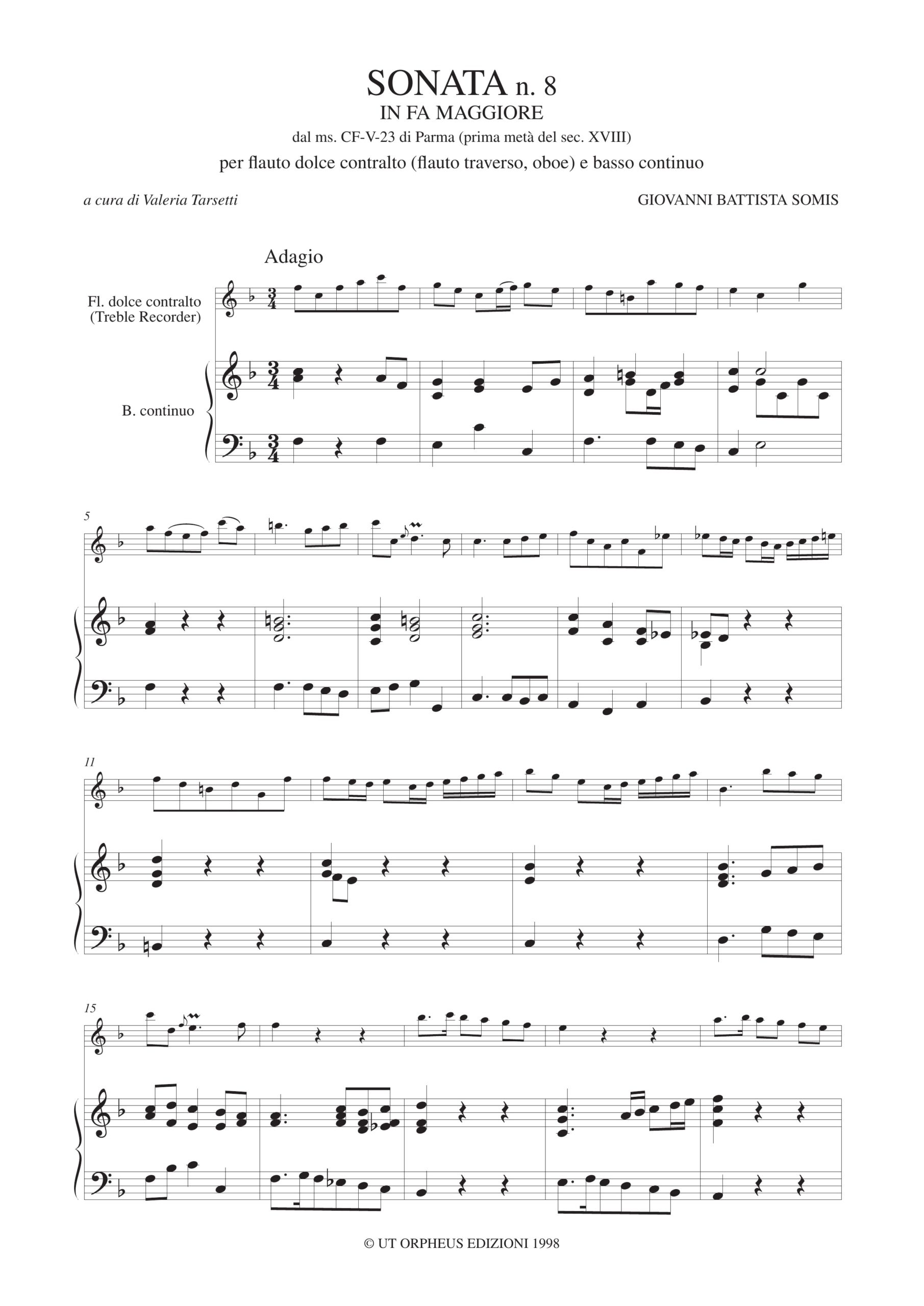 Somis, Giovanni Battista: Sonata N. 8 in Fa maggiore dal ms. CF-V-23 della Biblioteca Palatina di Parma (prima metà sec. XVIII) per Flauto Dolce Contralto (Flauto Traverso, Oboe) e Basso Continuo - Image 2