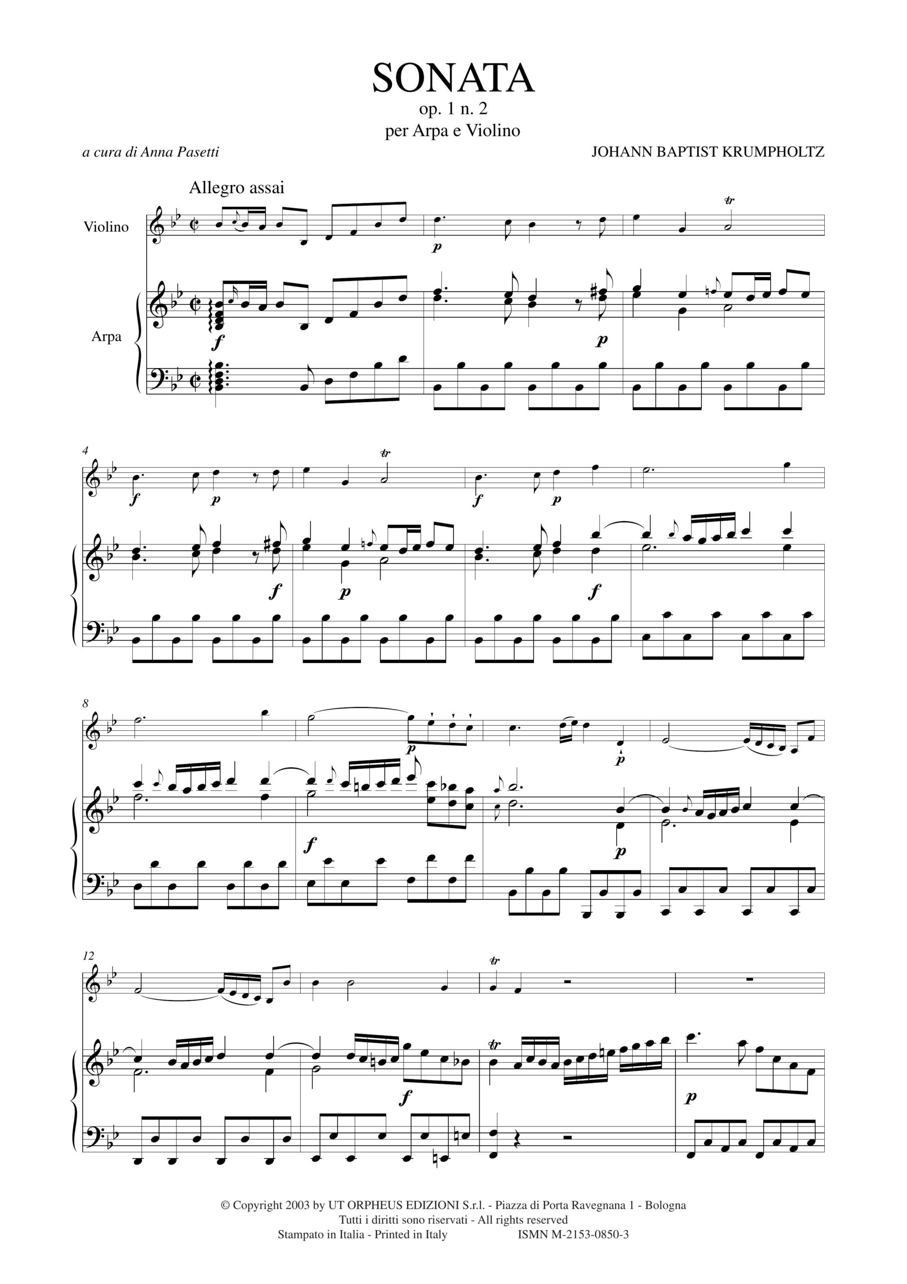 Krumpholtz, Johann Baptist: Sonata Op. 1 N. 2 per Arpa e Violino - Image 2