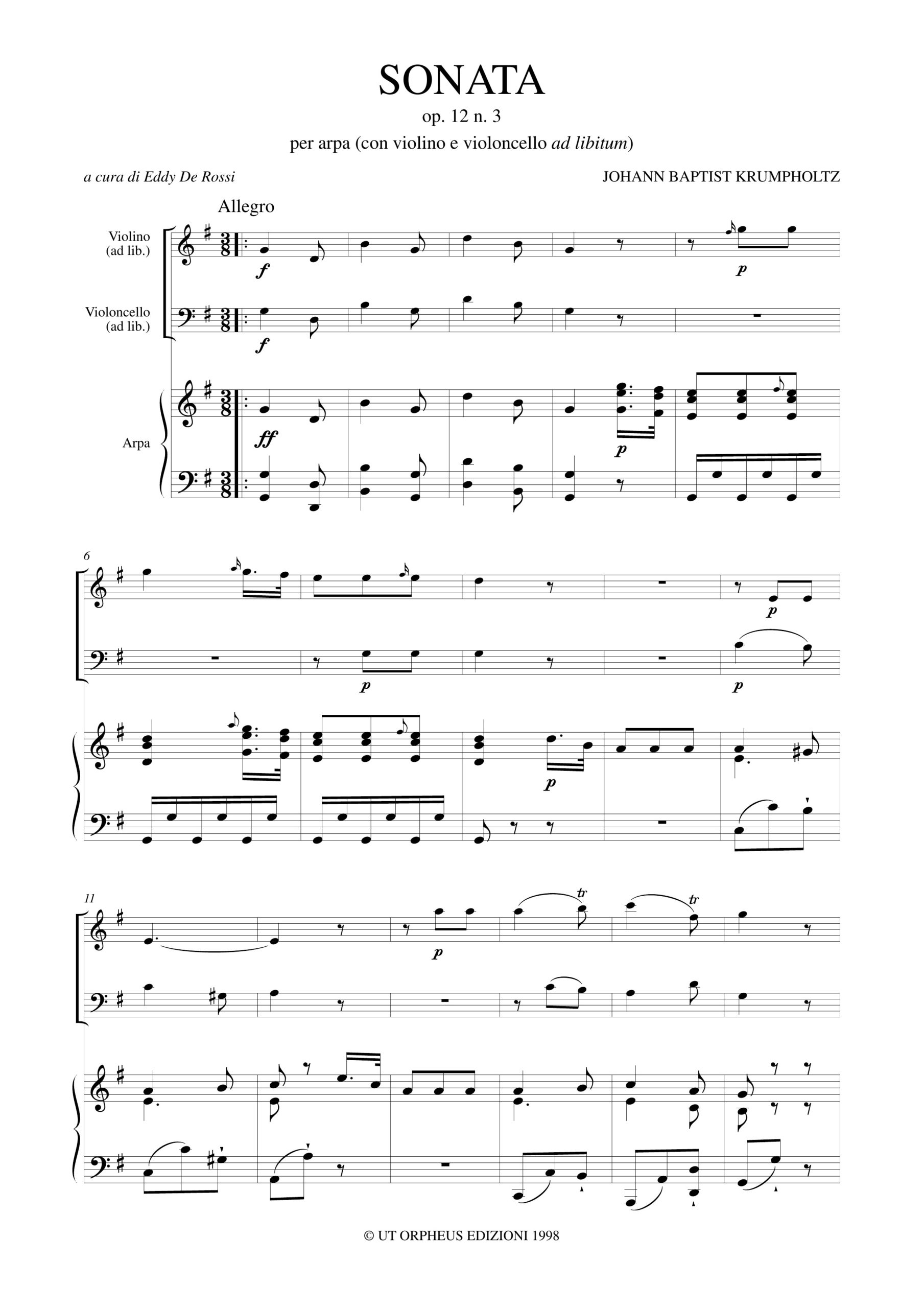 Krumpholtz, Johann Baptist: Sonata Op. 12 N. 3 per Arpa (con Violino e Violoncello ad libitum) - Image 2