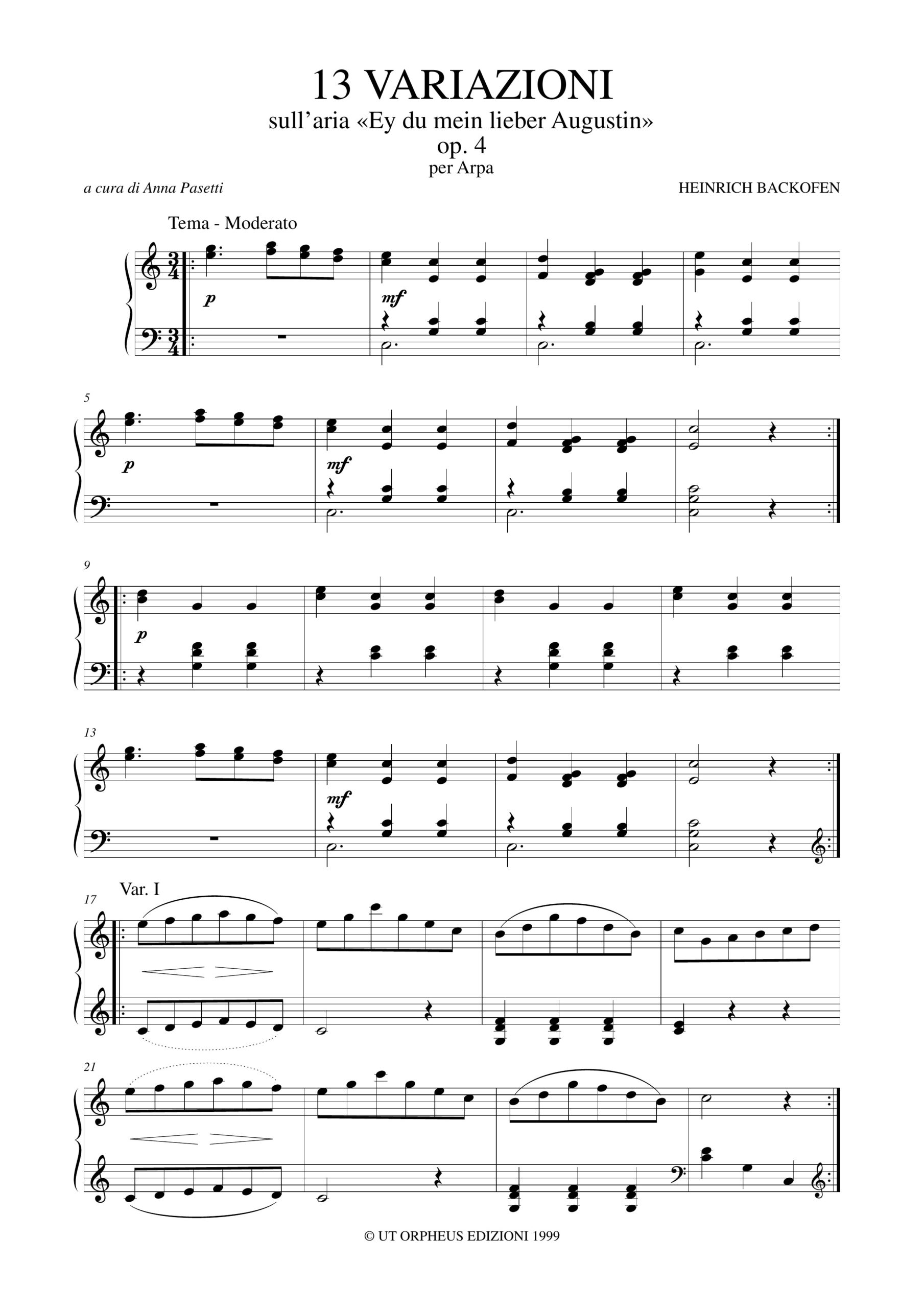 Backofen, Heinrich: 13 Variazioni sull’Aria “Ey du mein lieber Augustin” Op. 4 (Hamburg 1801) per Arpa - Image 2