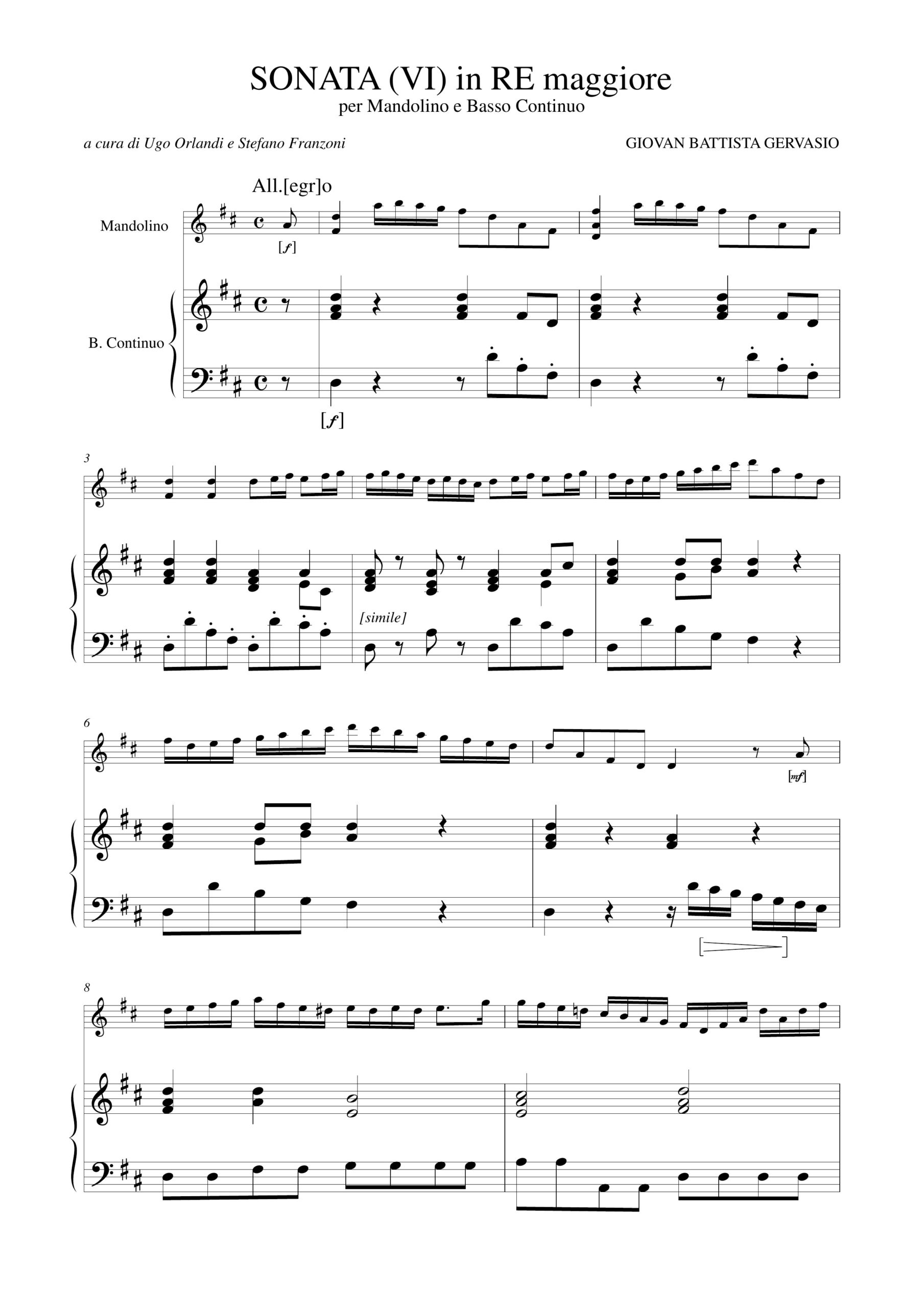 Gervasio, Giovan Battista: Sonata (VI) in Re maggiore per Mandolino e Basso Continuo - Image 2