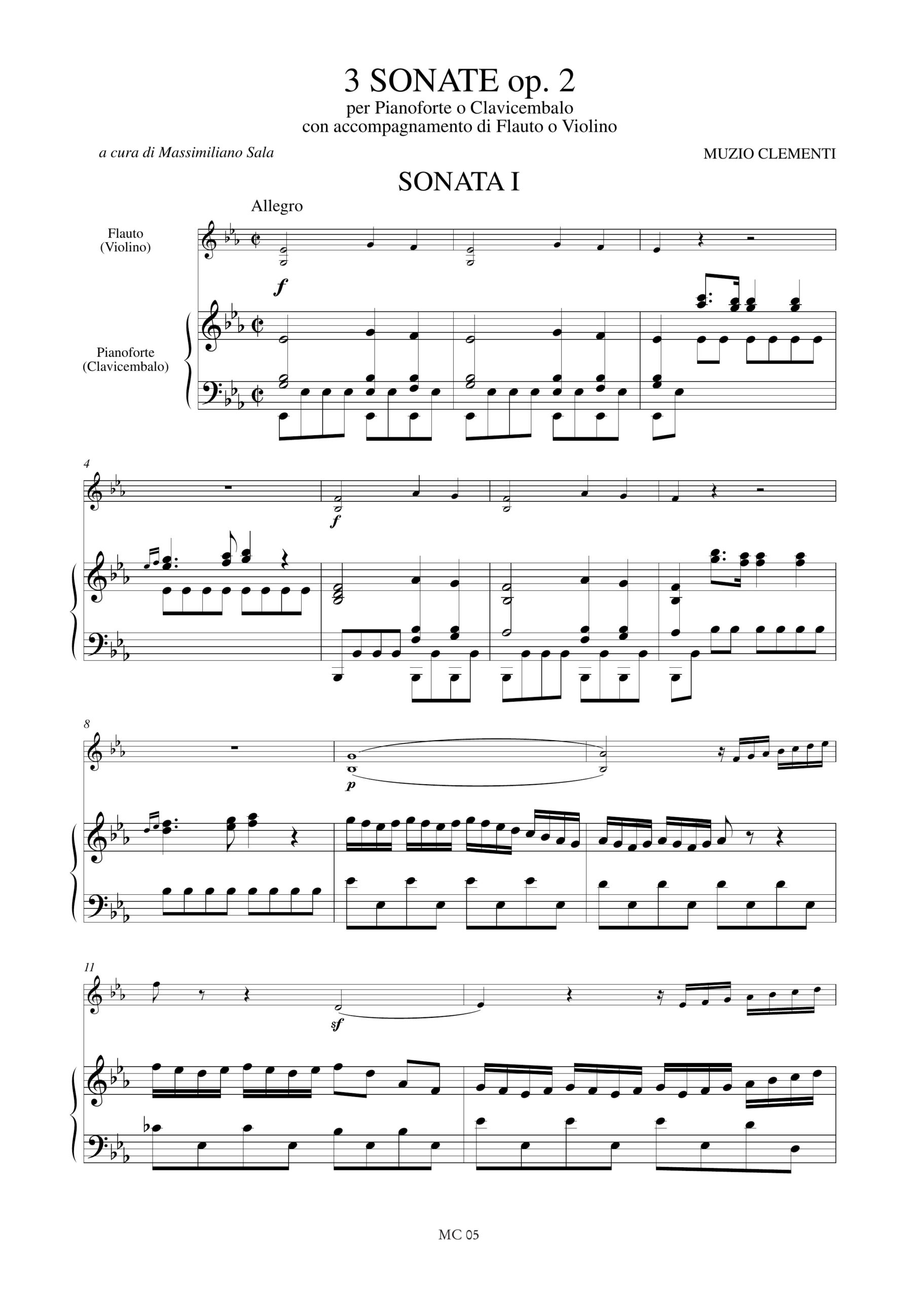 Clementi, Muzio: 3 Sonate Op. 2 Nn. 1, 3, 5 per Pianoforte o Clavicembalo con accompagnamento di Flauto o Violino - Image 2