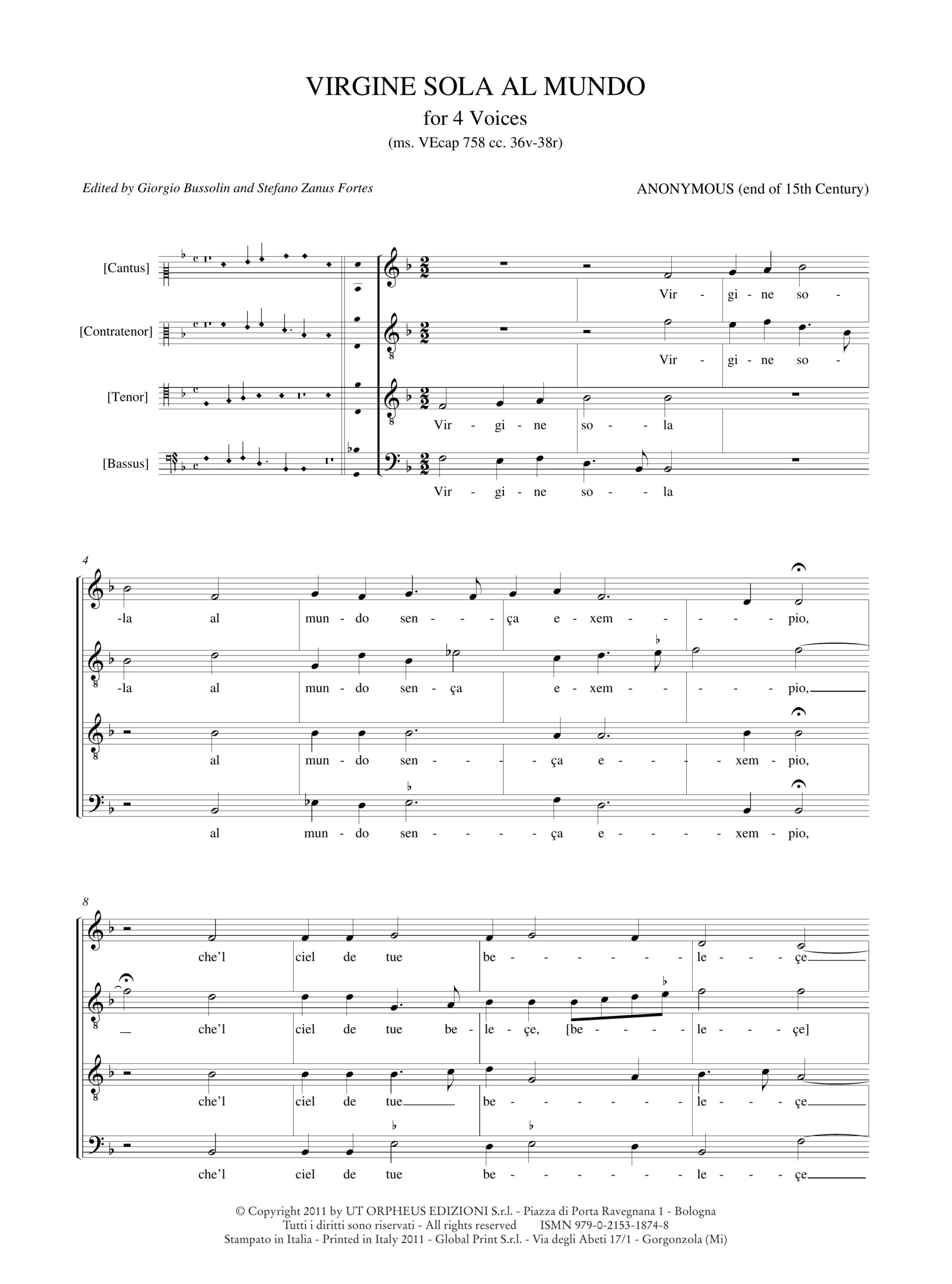 Anonimo (fine sec. XV): Virgine sola al mundo (ms. VEcap 758 cc. 36v-38r) a 4 voci - Image 2