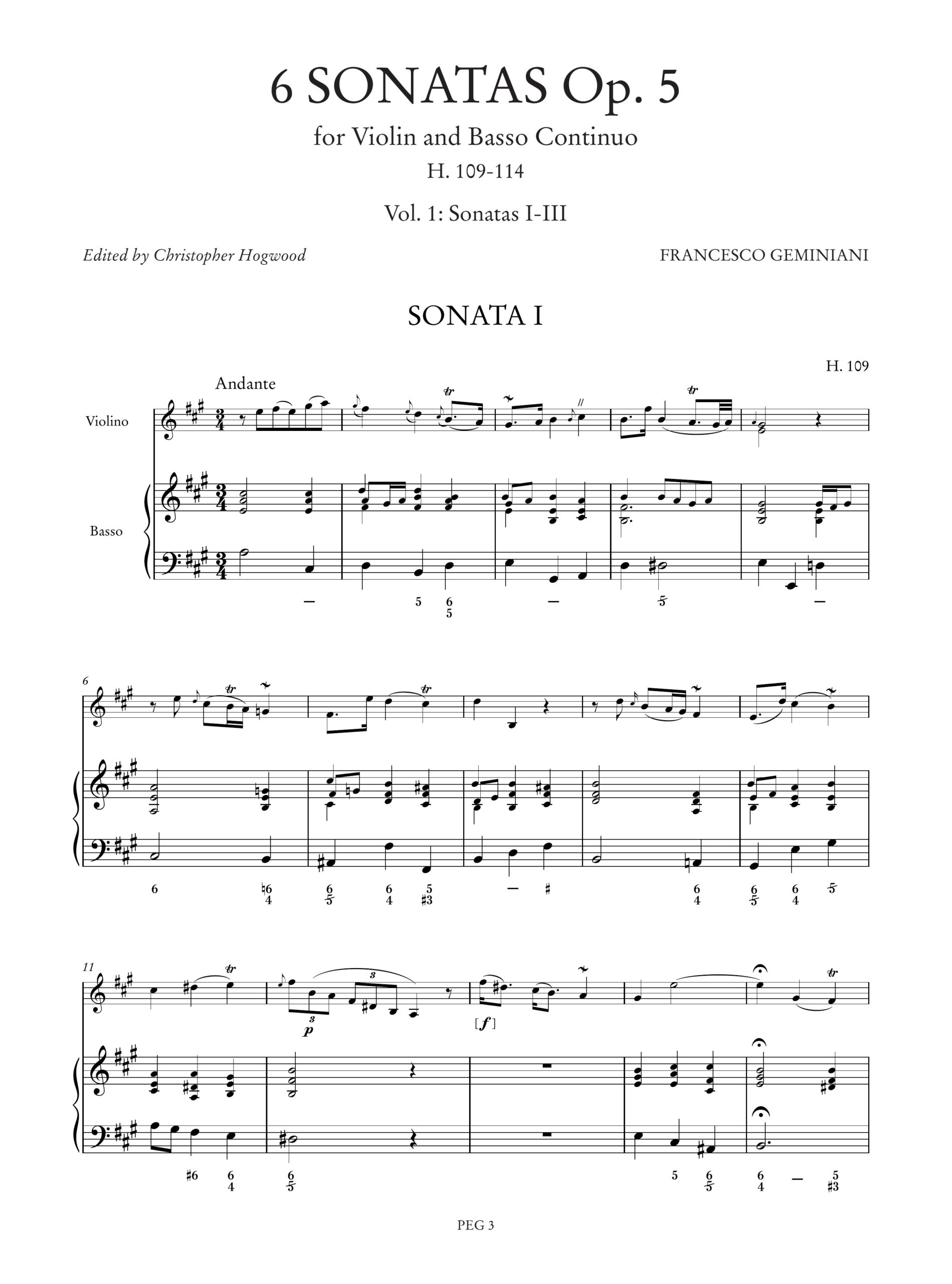 Geminiani, Francesco: 6 Sonate Op. 5 (H. 109-114) per Violino e Basso Continuo - Vol. 1: Sonate I-III - Image 2